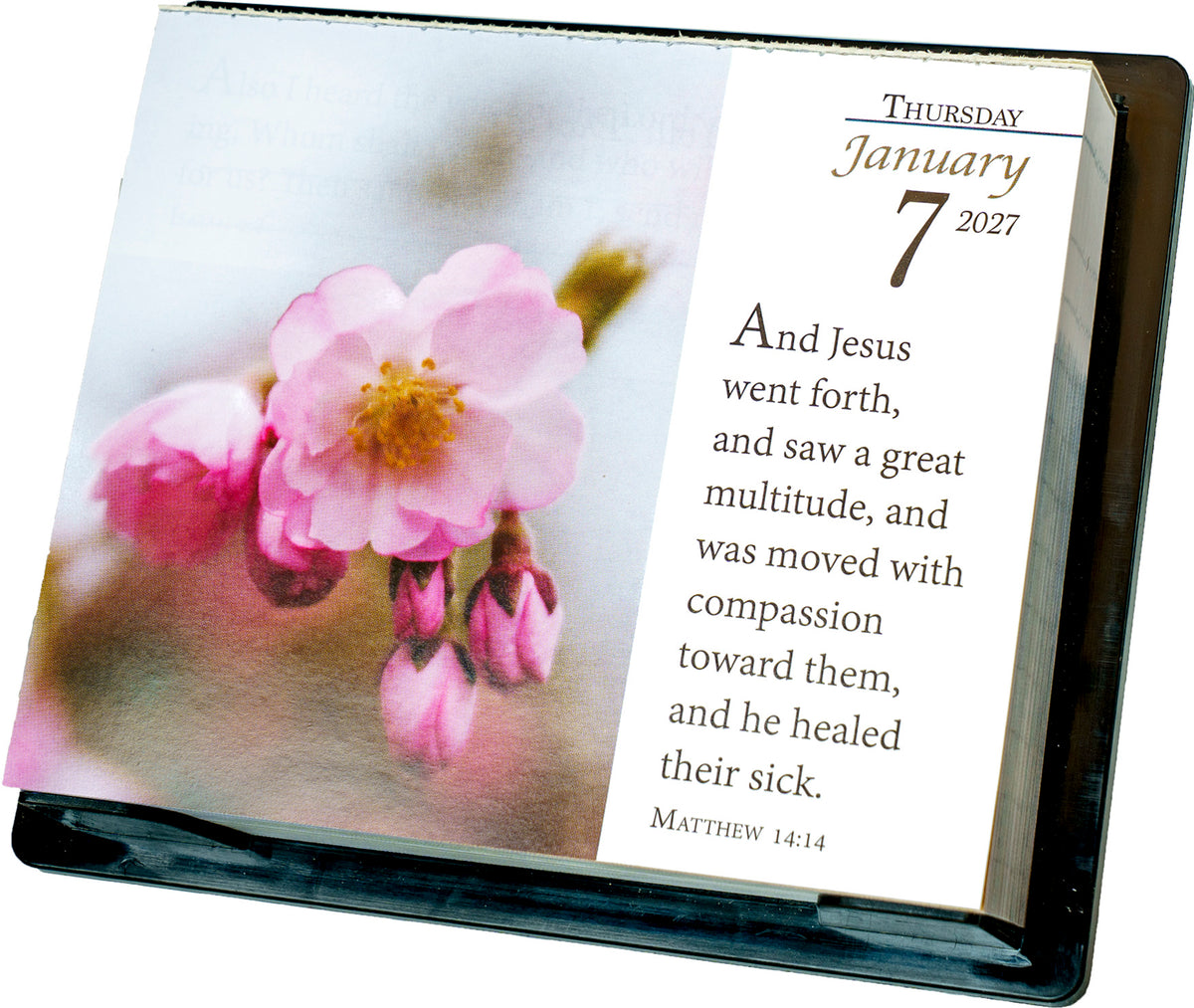 Product overview for 2027 Daily Desk Calendar with 365 pages of Scripture and nature photography.