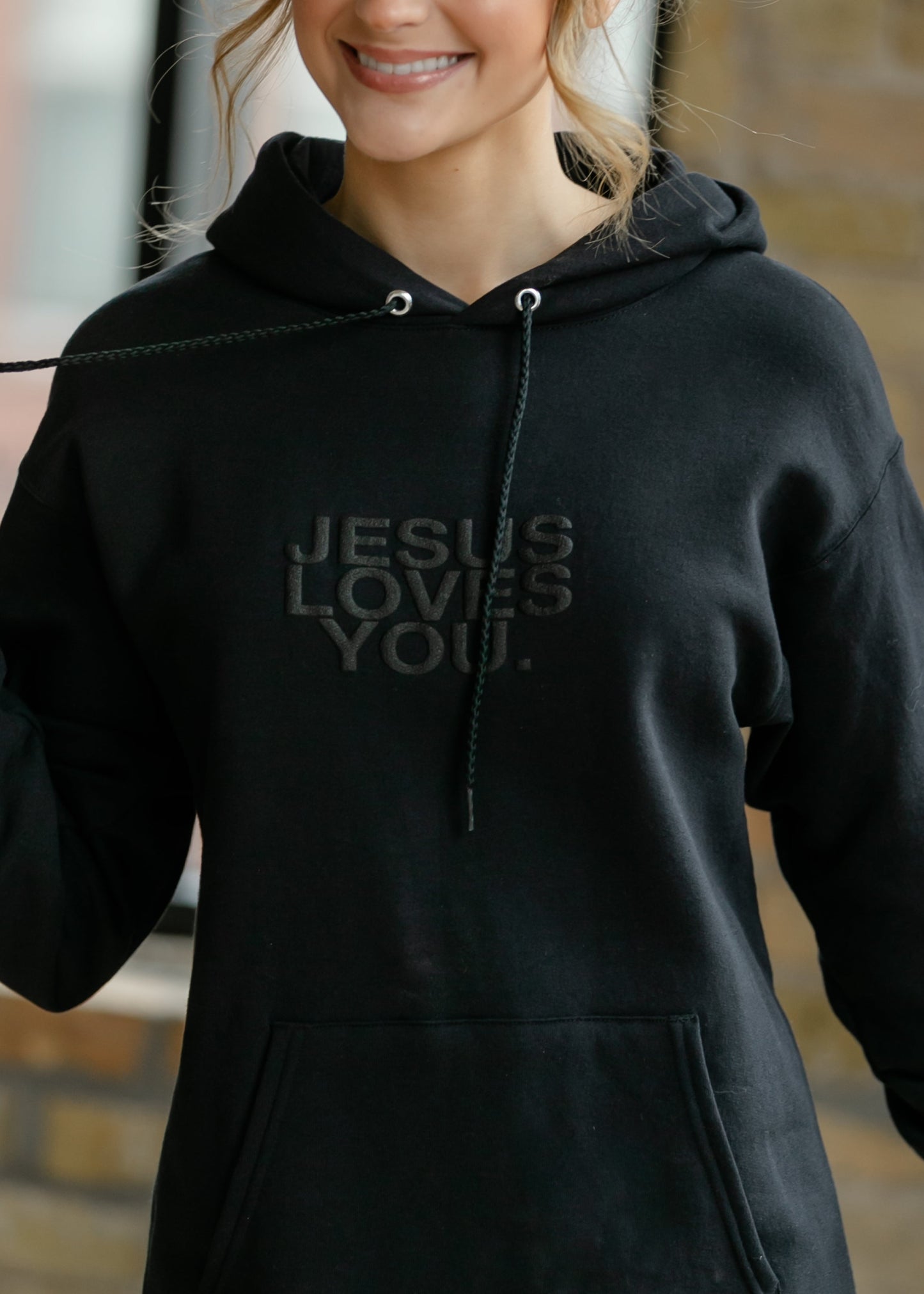 3-D Jesus Loves You Graphic Hoodie FF Tops