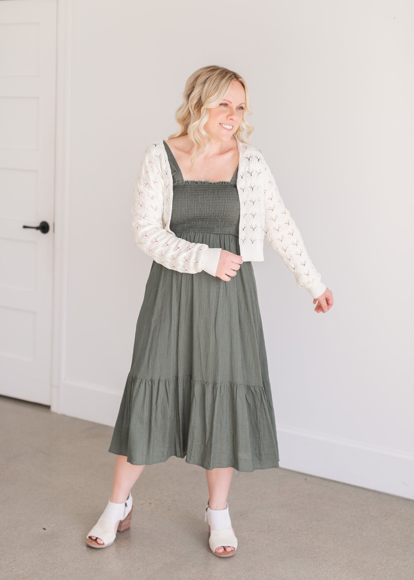 Empire Waist Smocked Olive Midi Dress Dresses