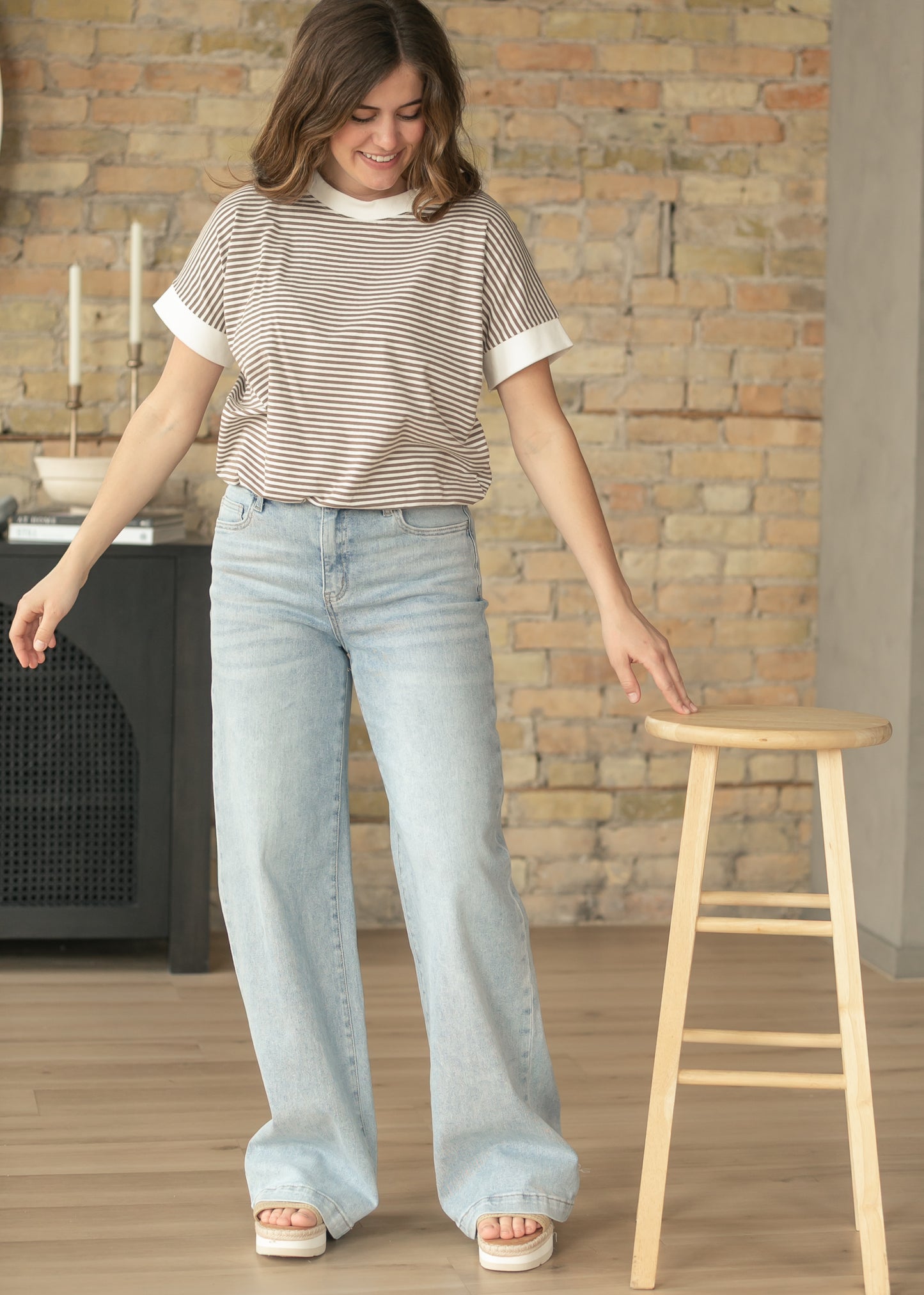 Mocha Stripe Contrast Trim Top FF Tops