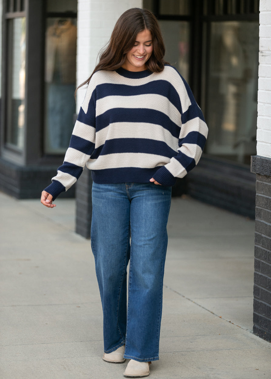 Navy Bold Stripe Crewneck Sweater