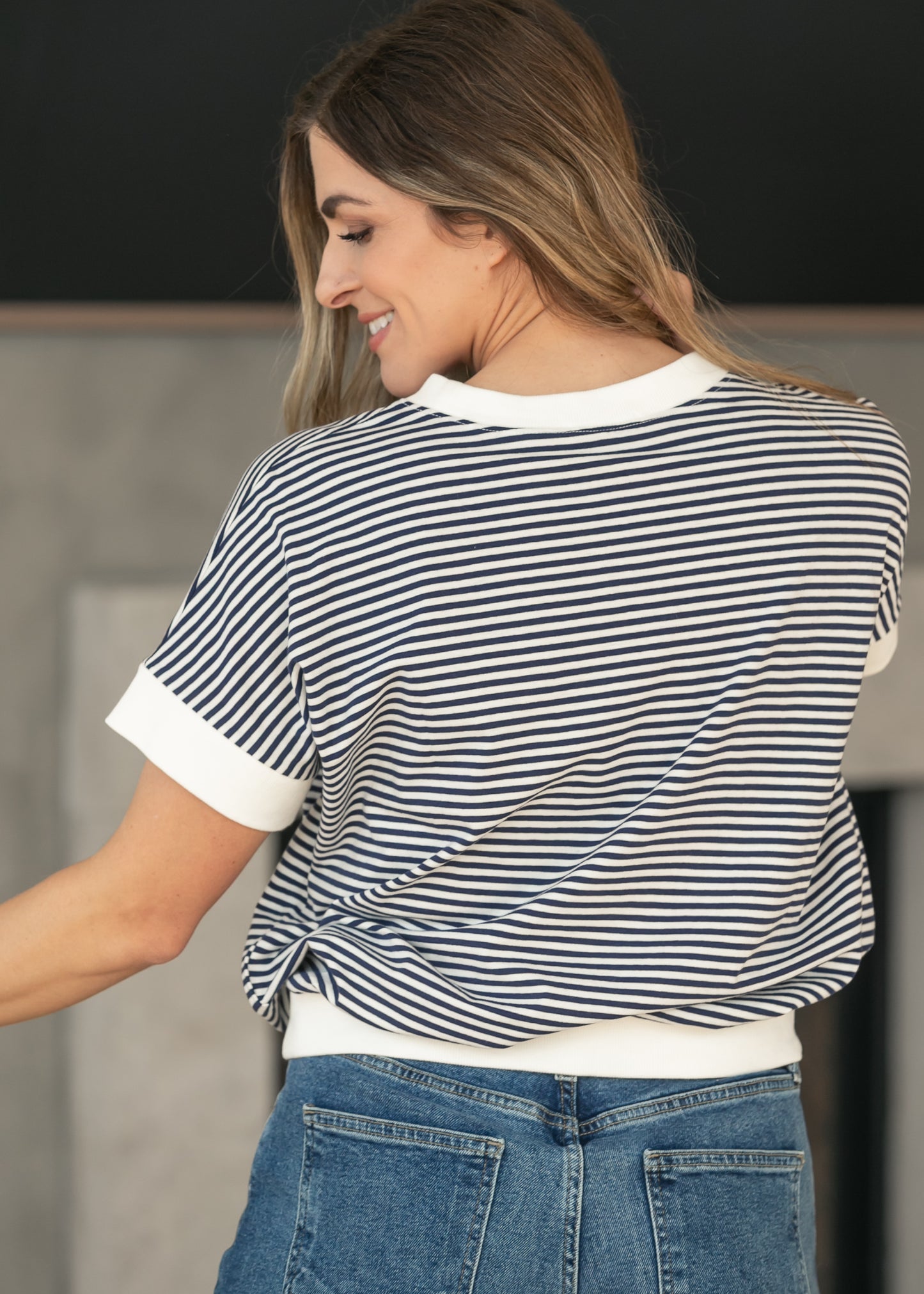 Navy Stripe Contrast Trim Top