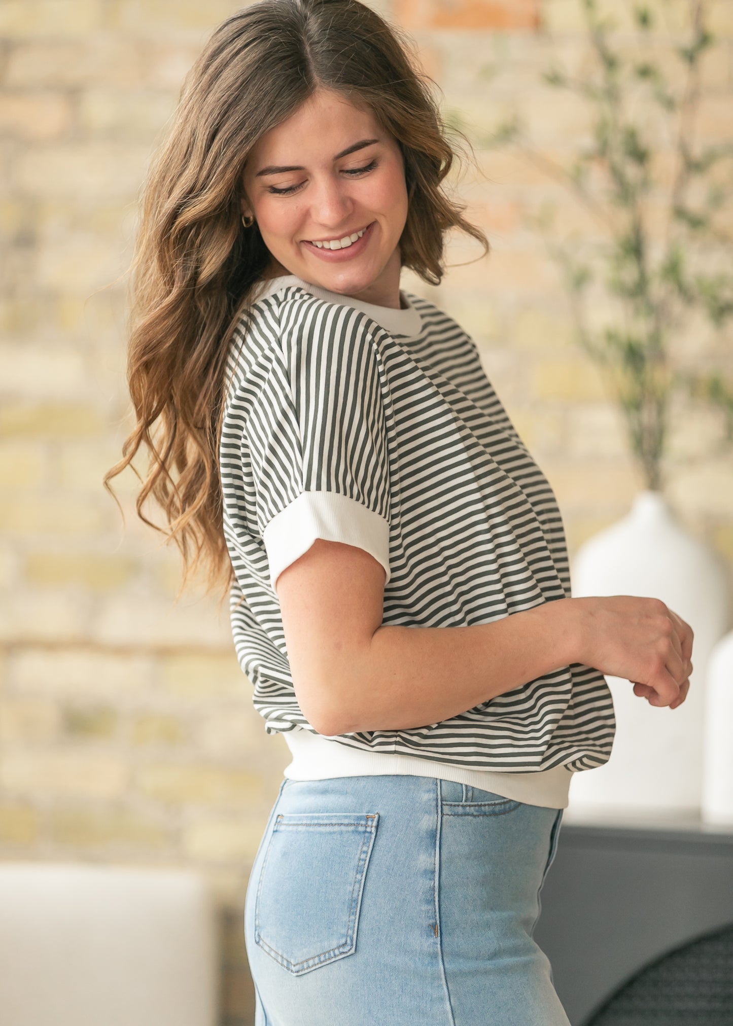 Olive Stripe Contrast Trim Top FF Tops
