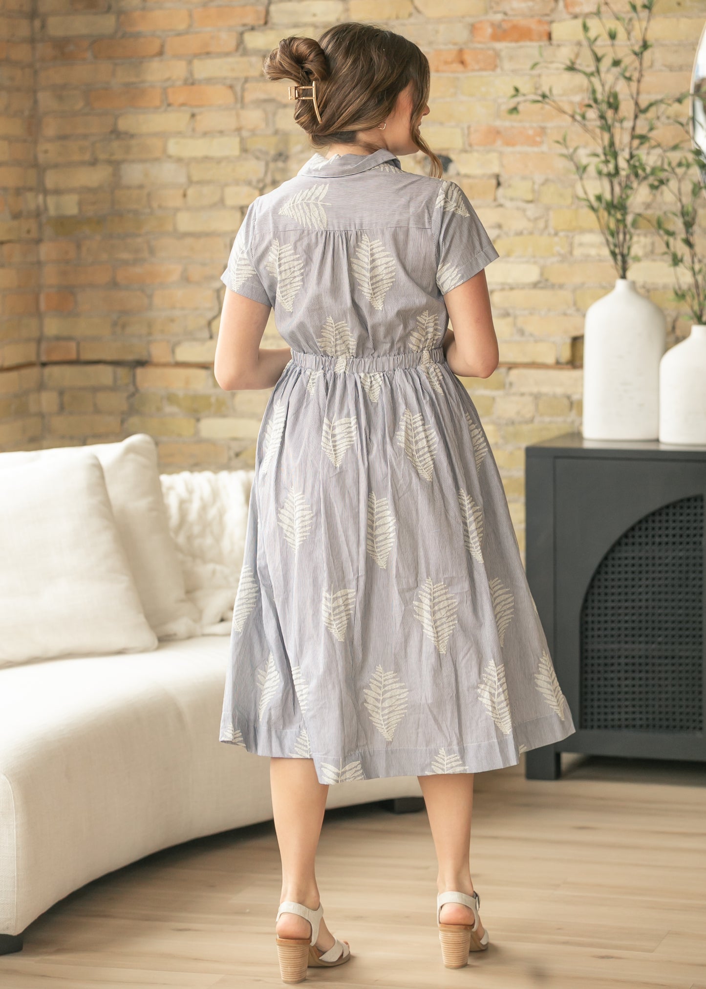 Pinstripe Embroidered Midi Dress