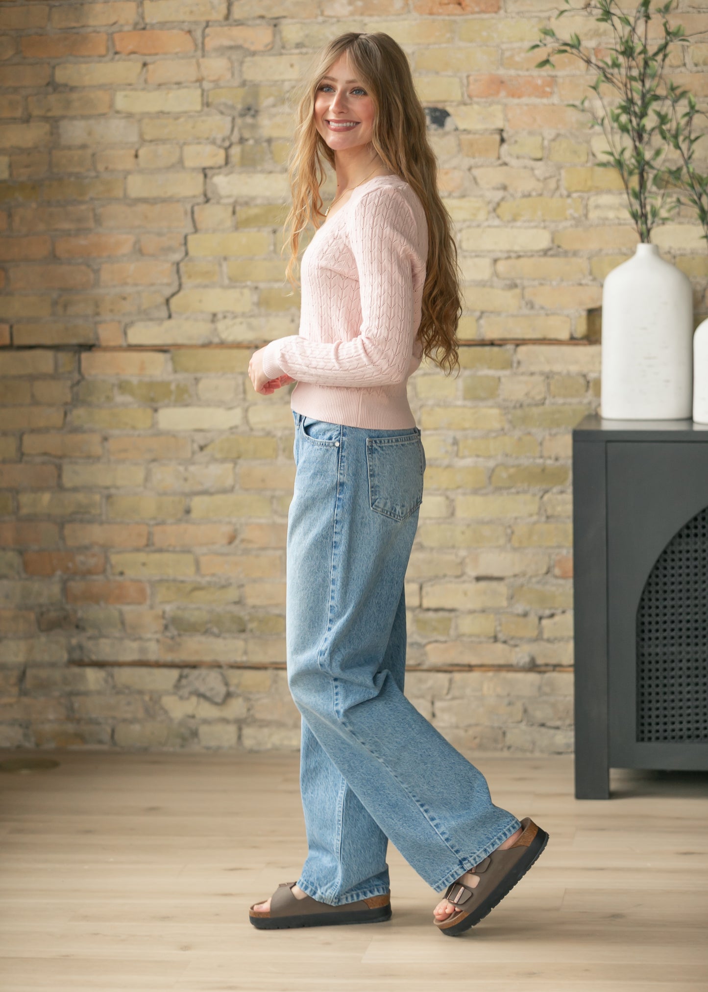 Pointelle Knit V Neck Sweater FF Tops