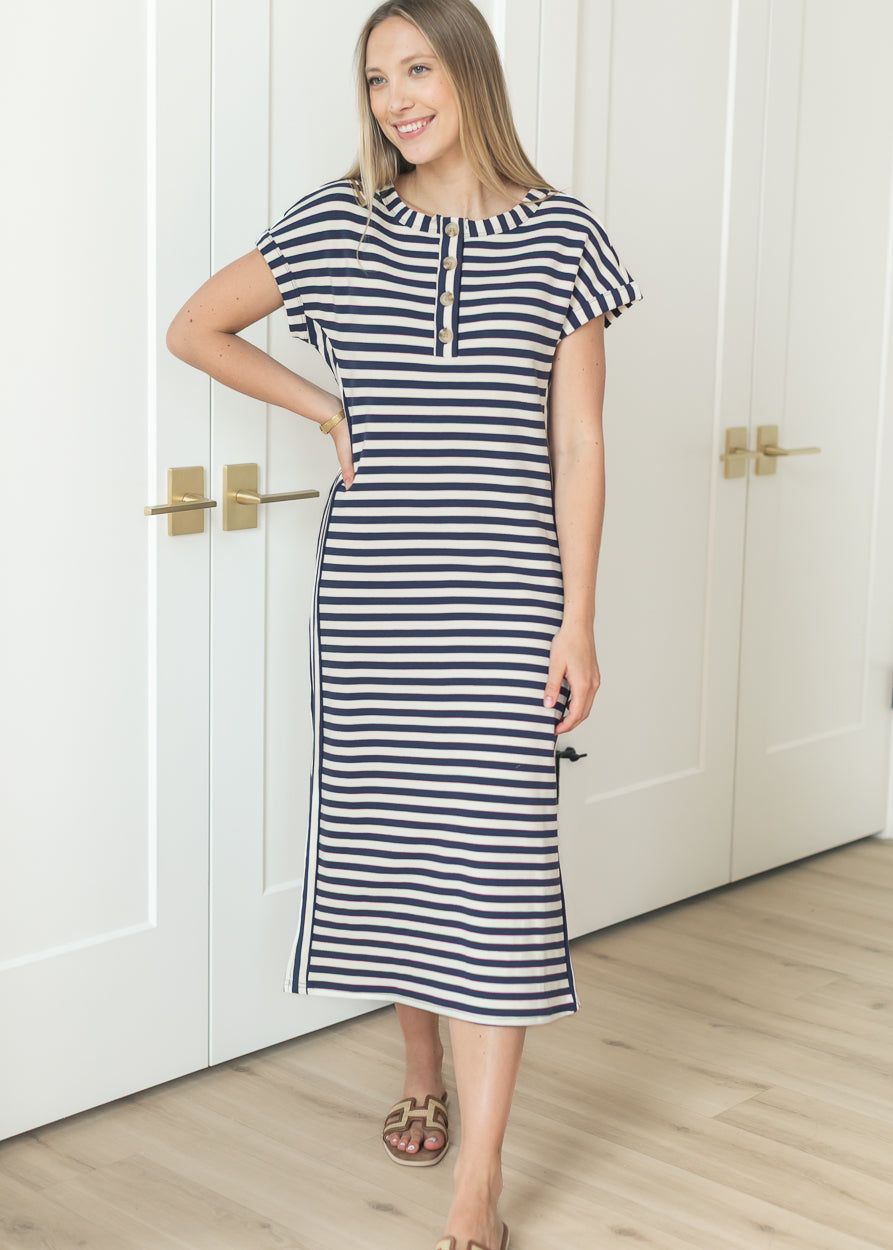 Striped Henley Knit Midi Dress