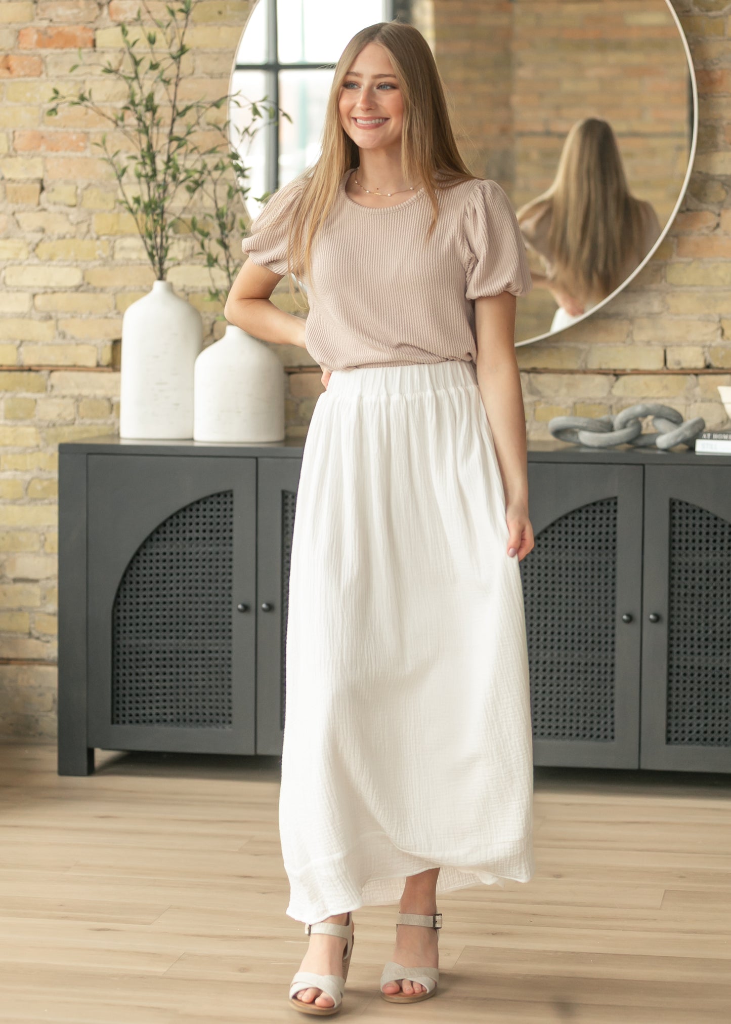 Taupe Ribbed Puff Sleeve Top