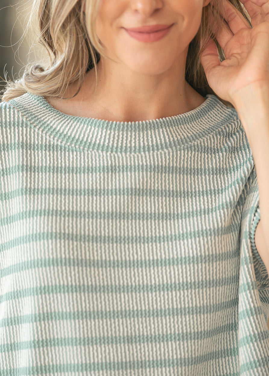 Teal Striped Rib Knit Dolman Top