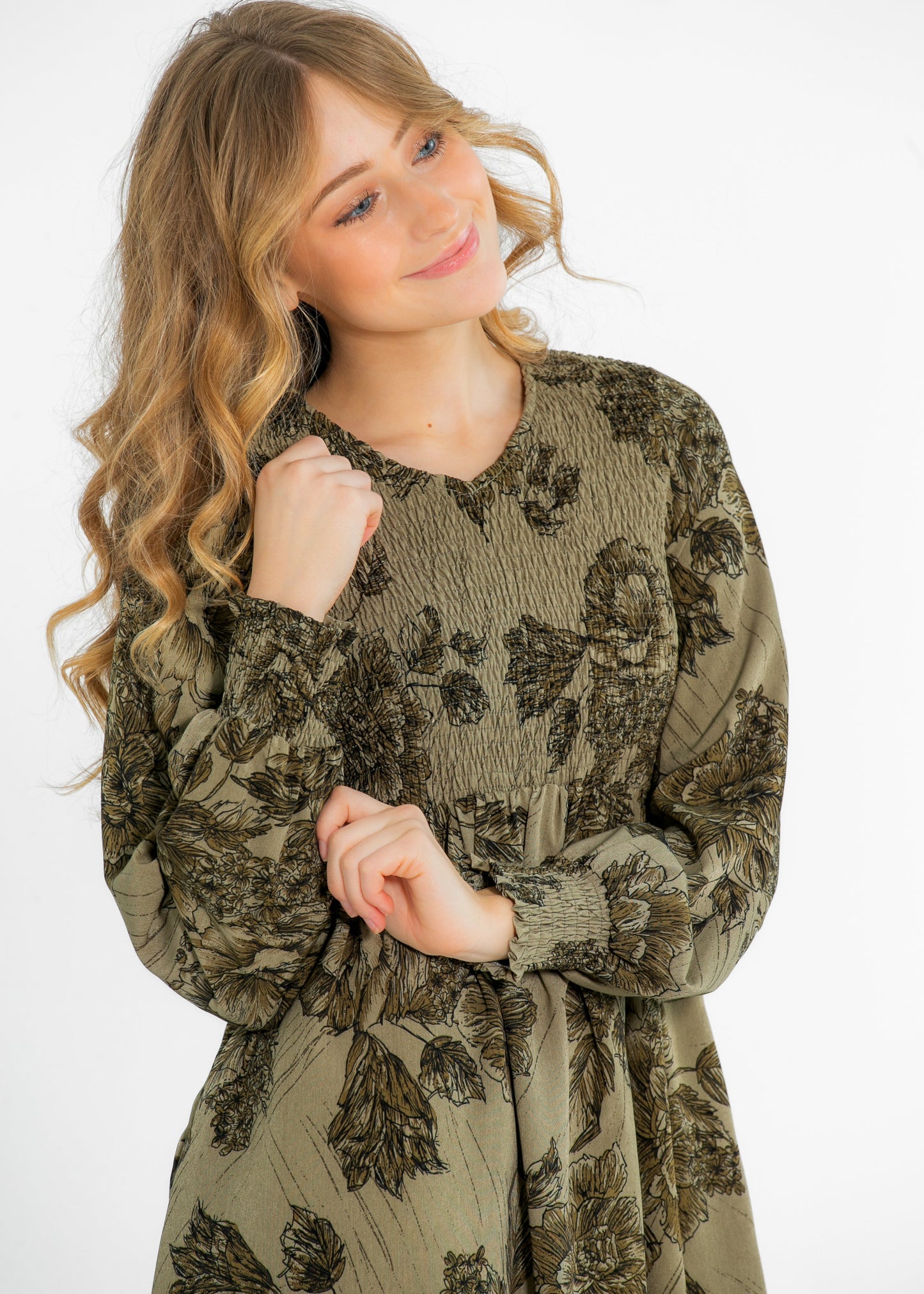 Aleeyah Smocked Long Sleeve Midi Dress IC Dresses