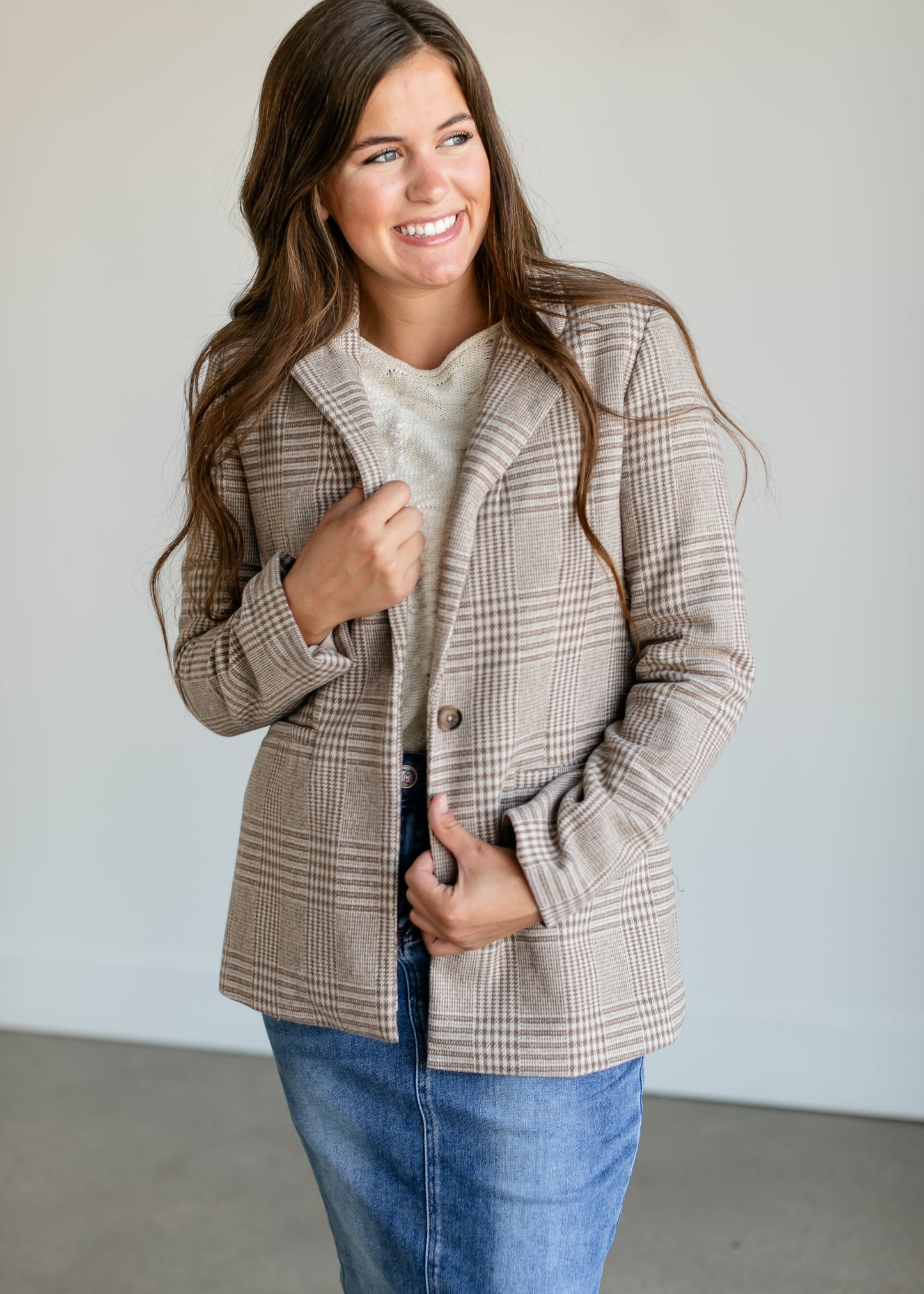 Anna Plaid Blazer FF Tops