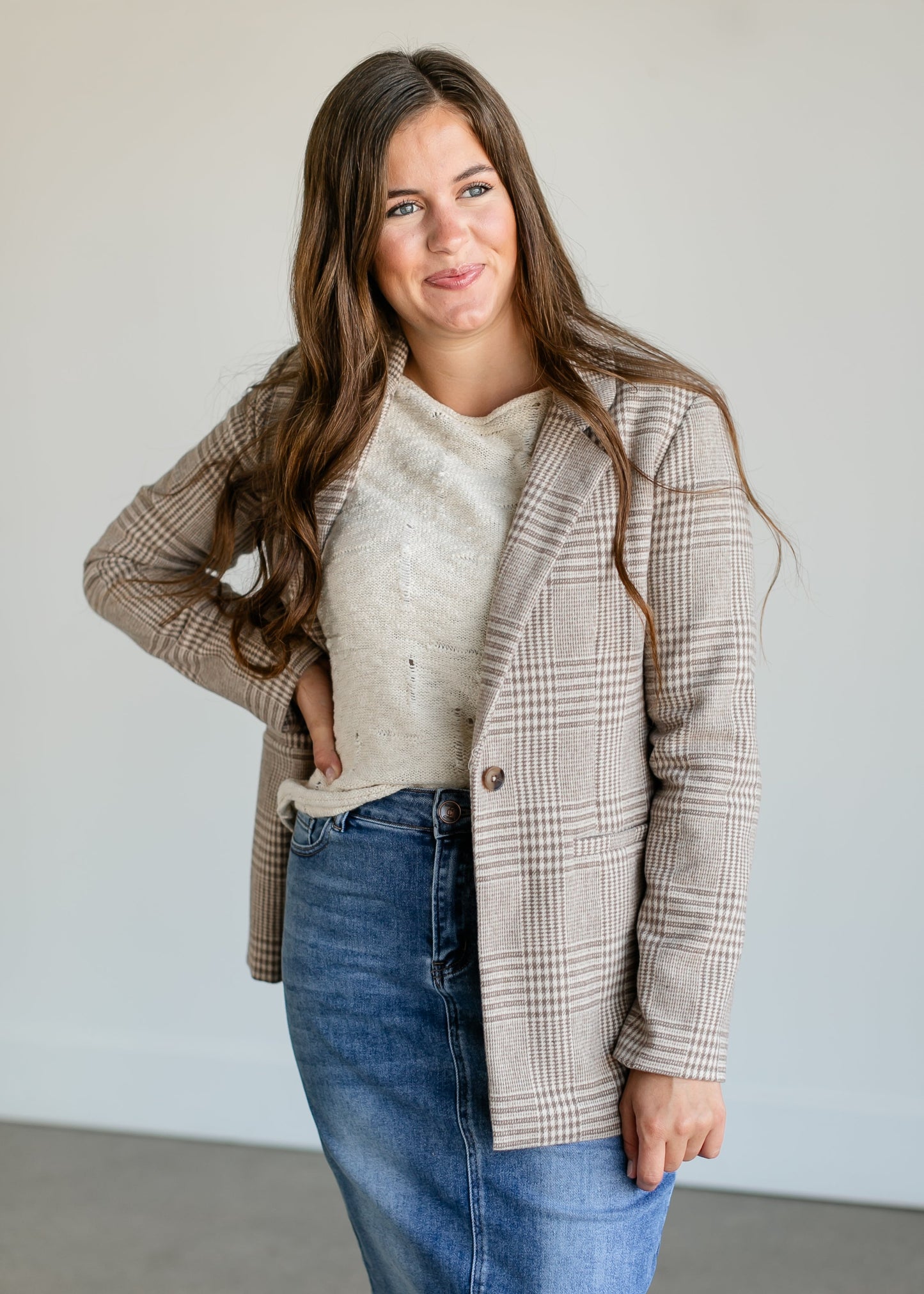 Anna Plaid Blazer FF Tops