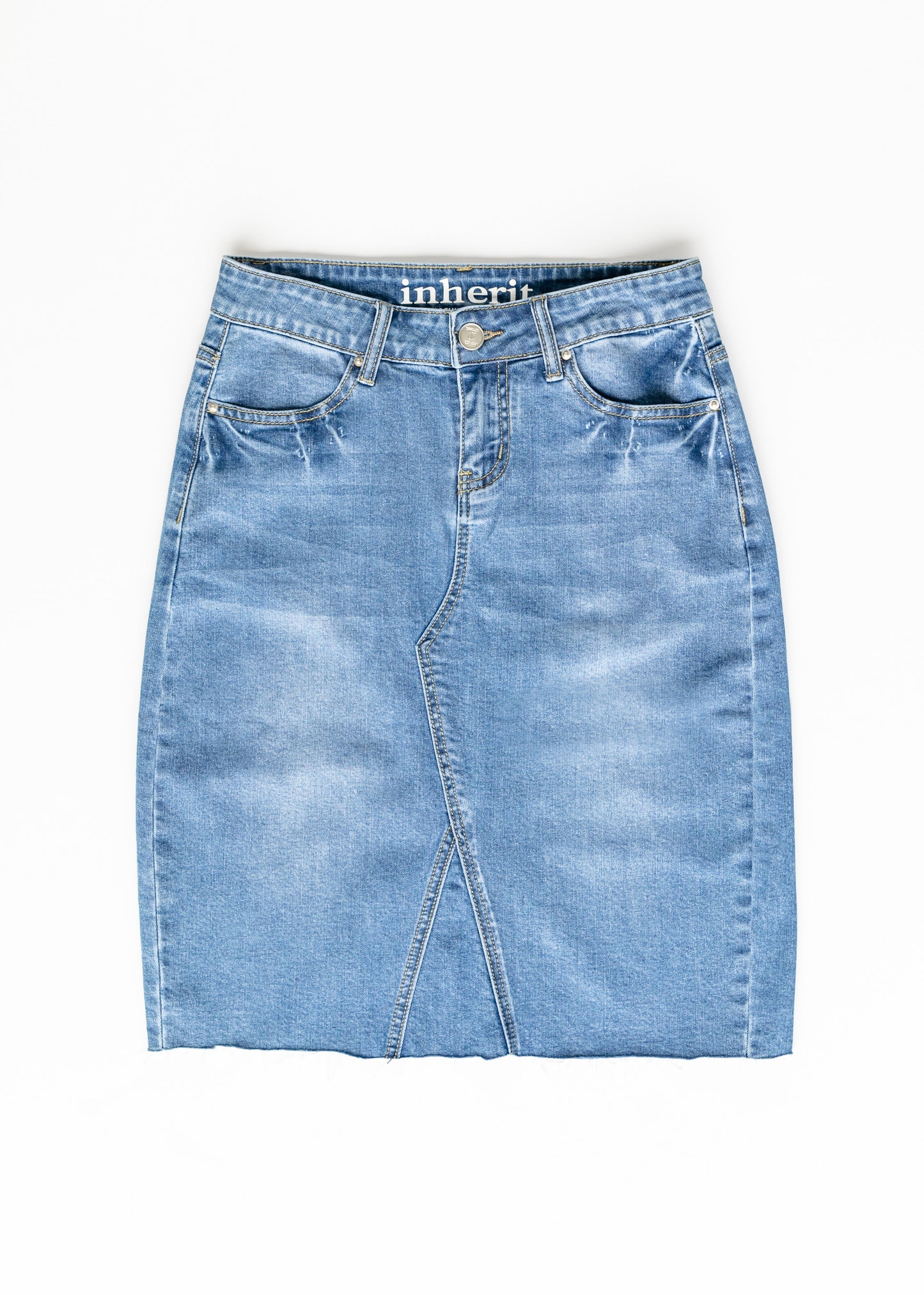 Anya Raw Hem Medium Wash Midi Skirt Skirts