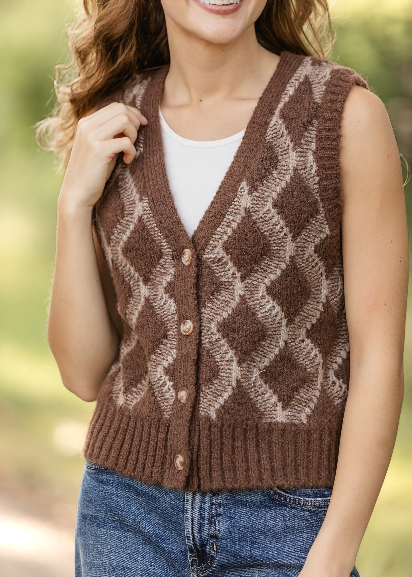Argyle Button Up Sweater Vest FF Tops
