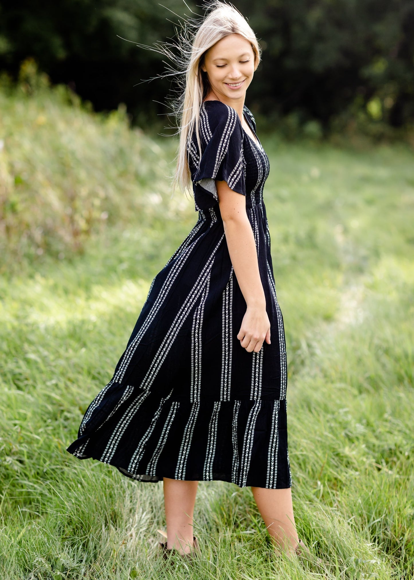 Aztec Print Smocking Midi Dress-FINAL SALE FF Dresses