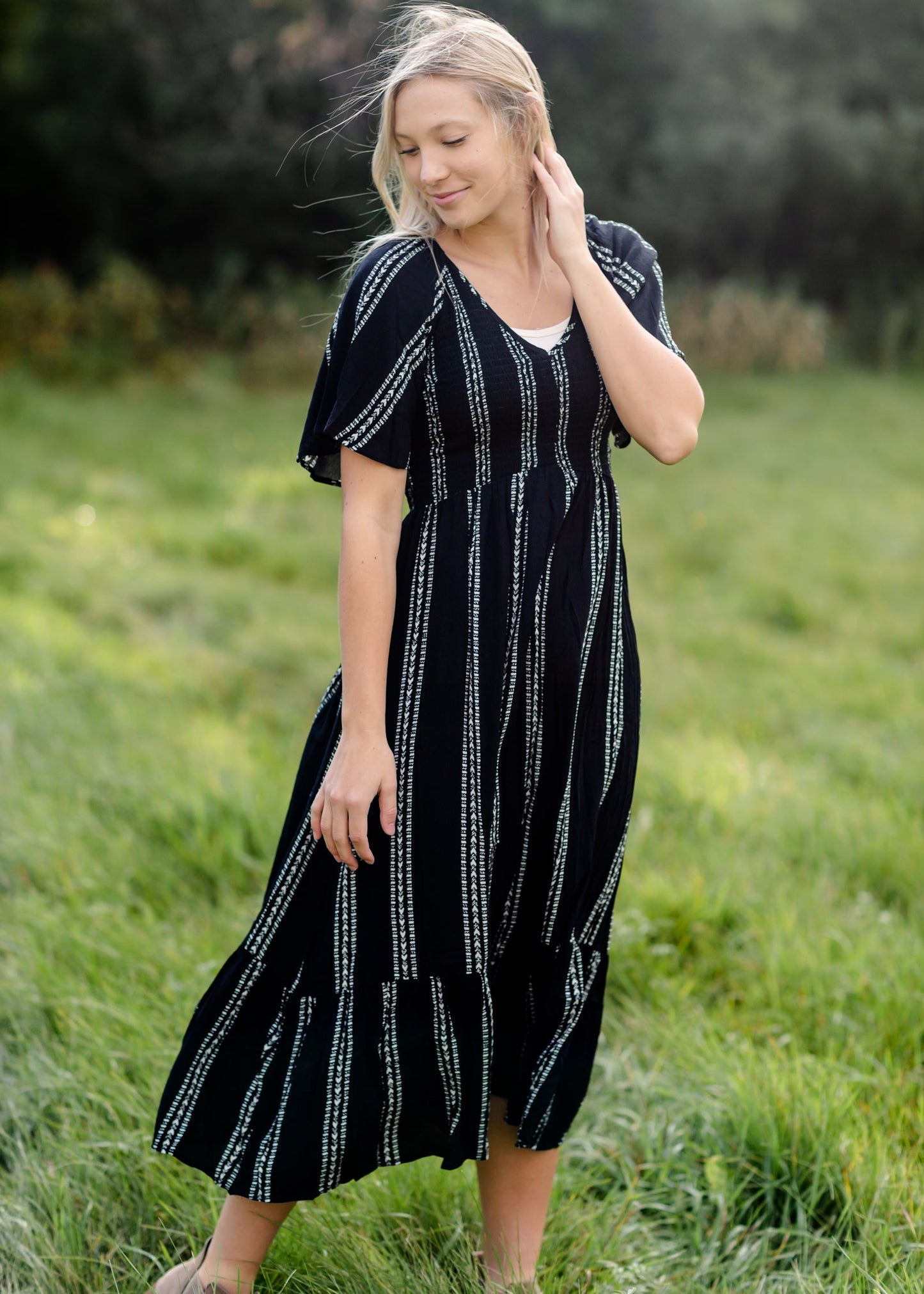 Aztec Print Smocking Midi Dress-FINAL SALE FF Dresses