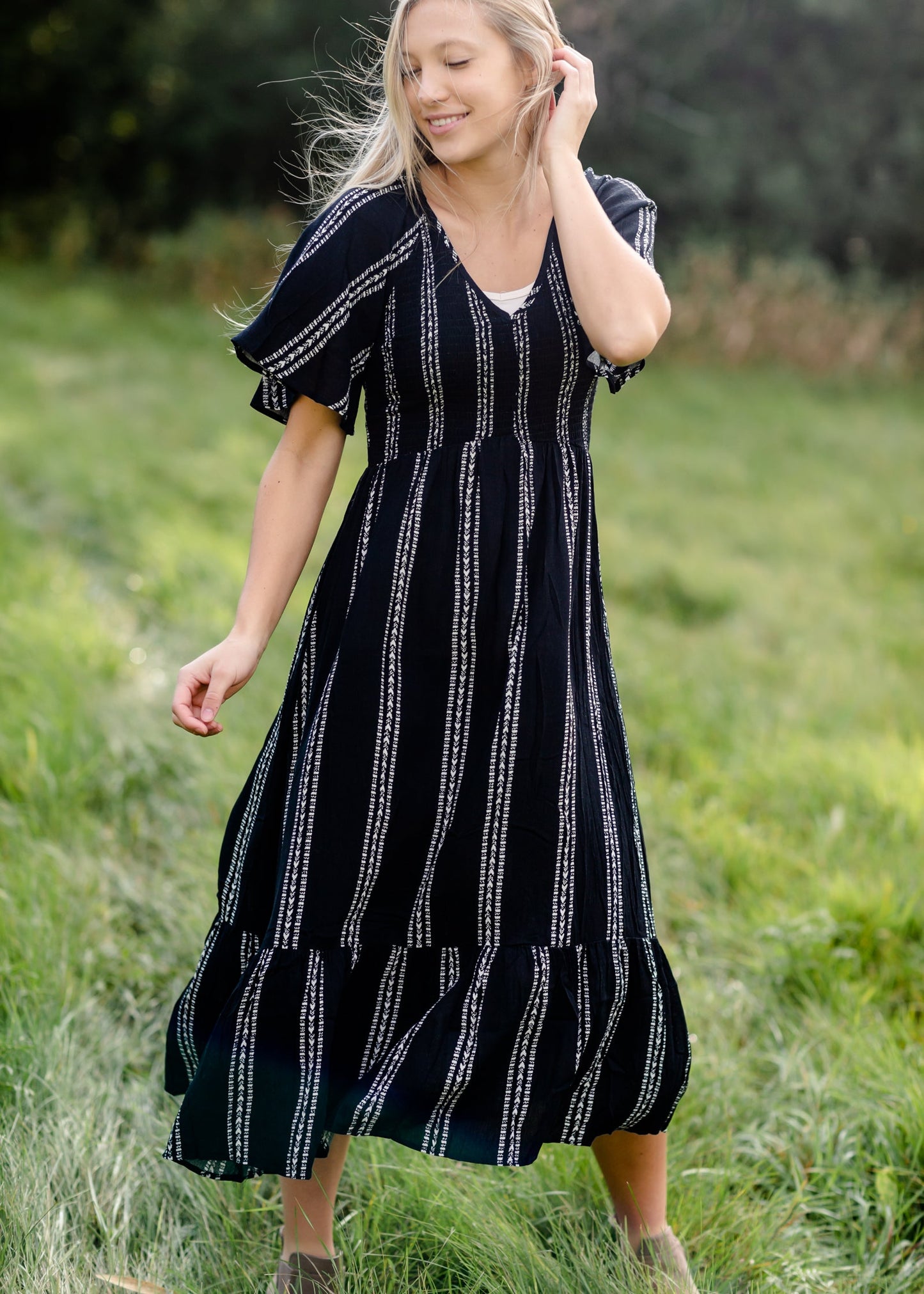 Aztec Print Smocking Midi Dress-FINAL SALE FF Dresses