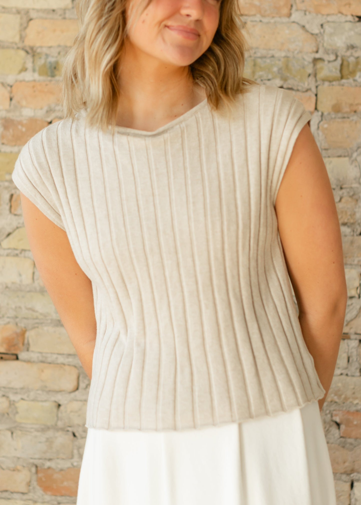 Back Button Cap Sleeve Ribbed Sweater FF Tops