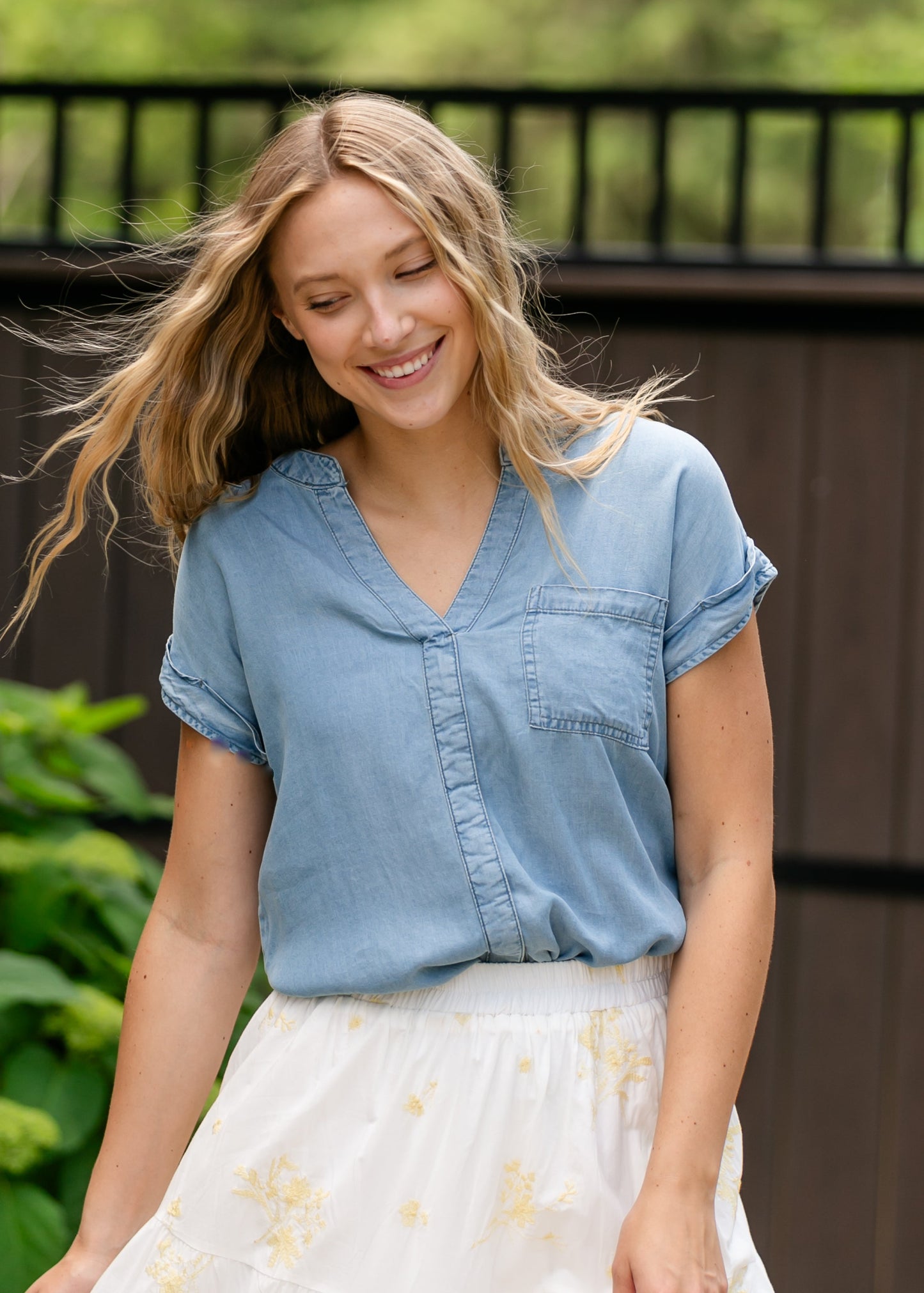 Back Button Chambray Top FF Tops