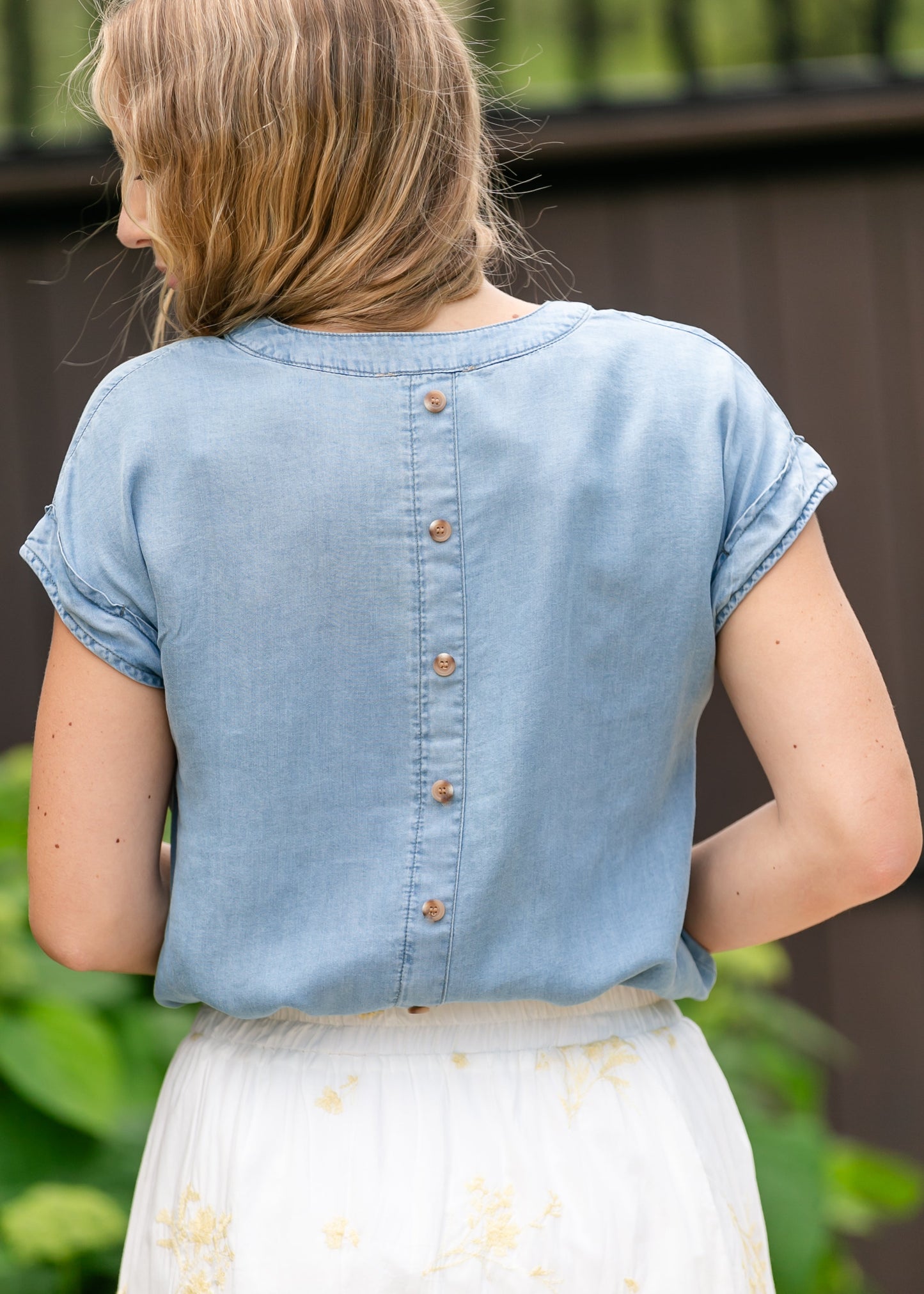 Back Button Chambray Top FF Tops