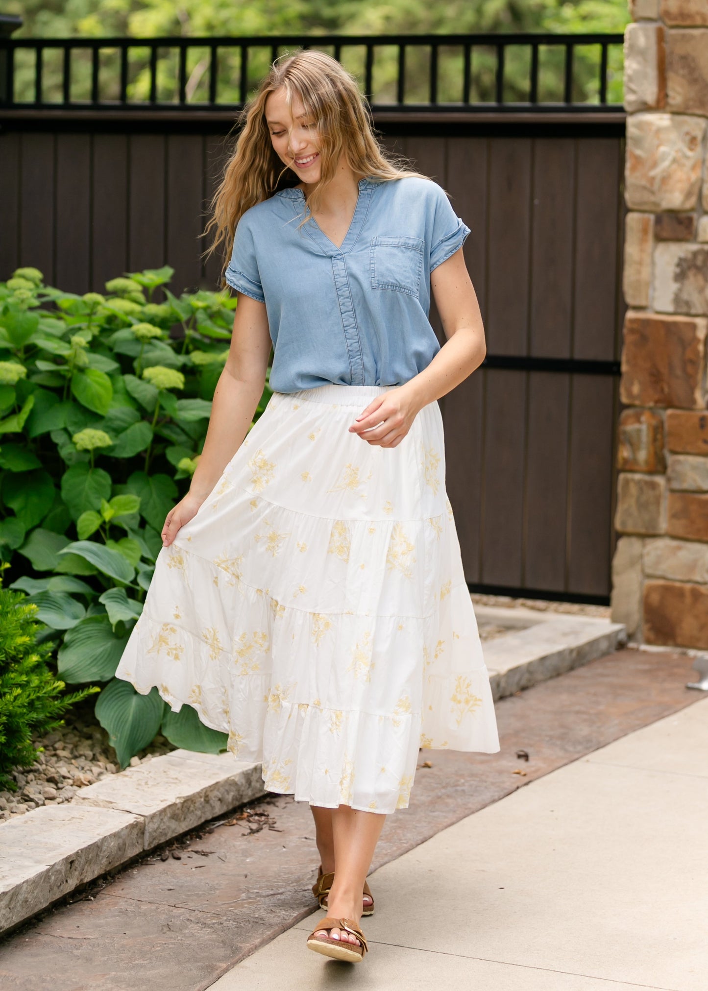 Back Button Chambray Top FF Tops