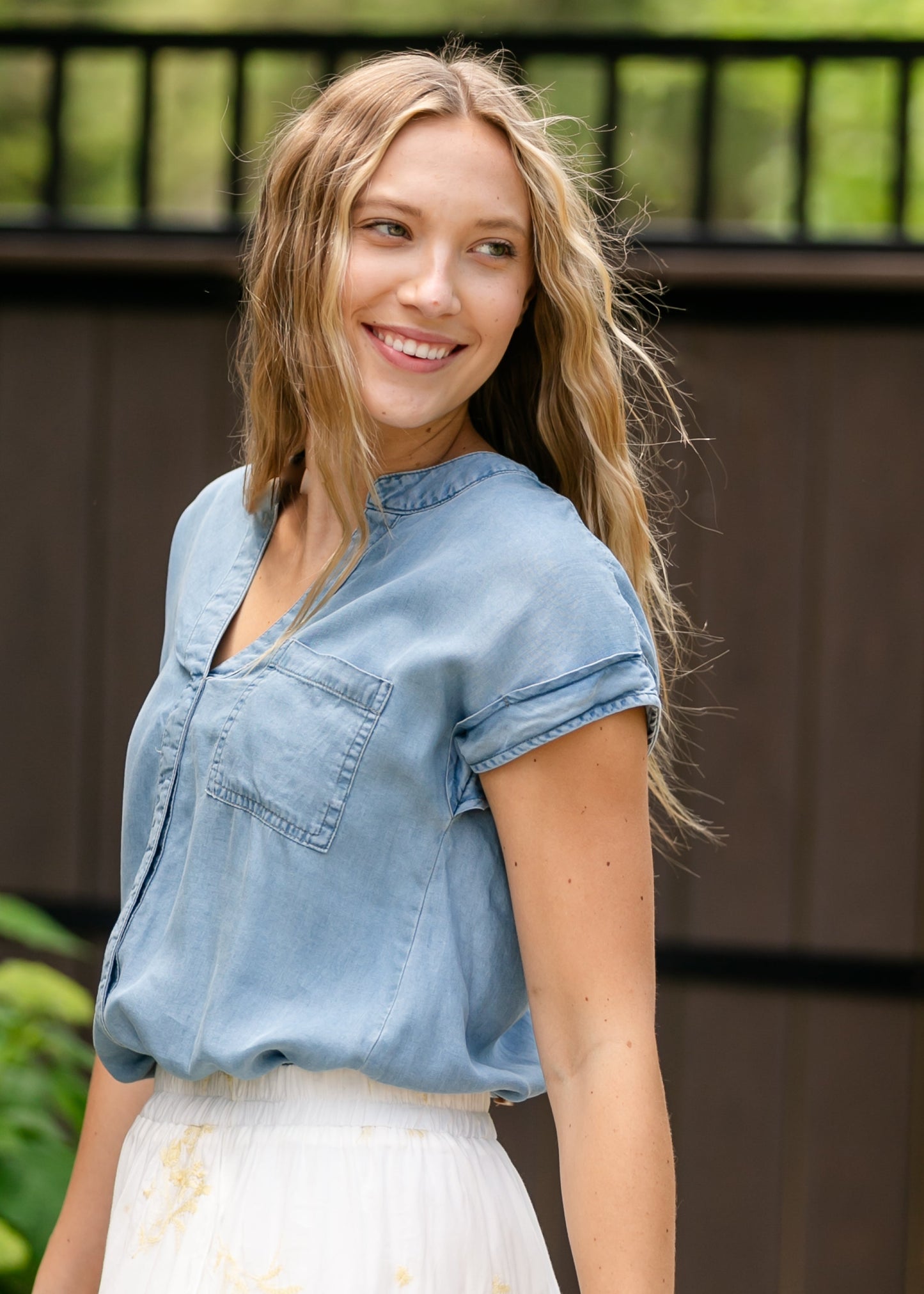 Back Button Chambray Top FF Tops