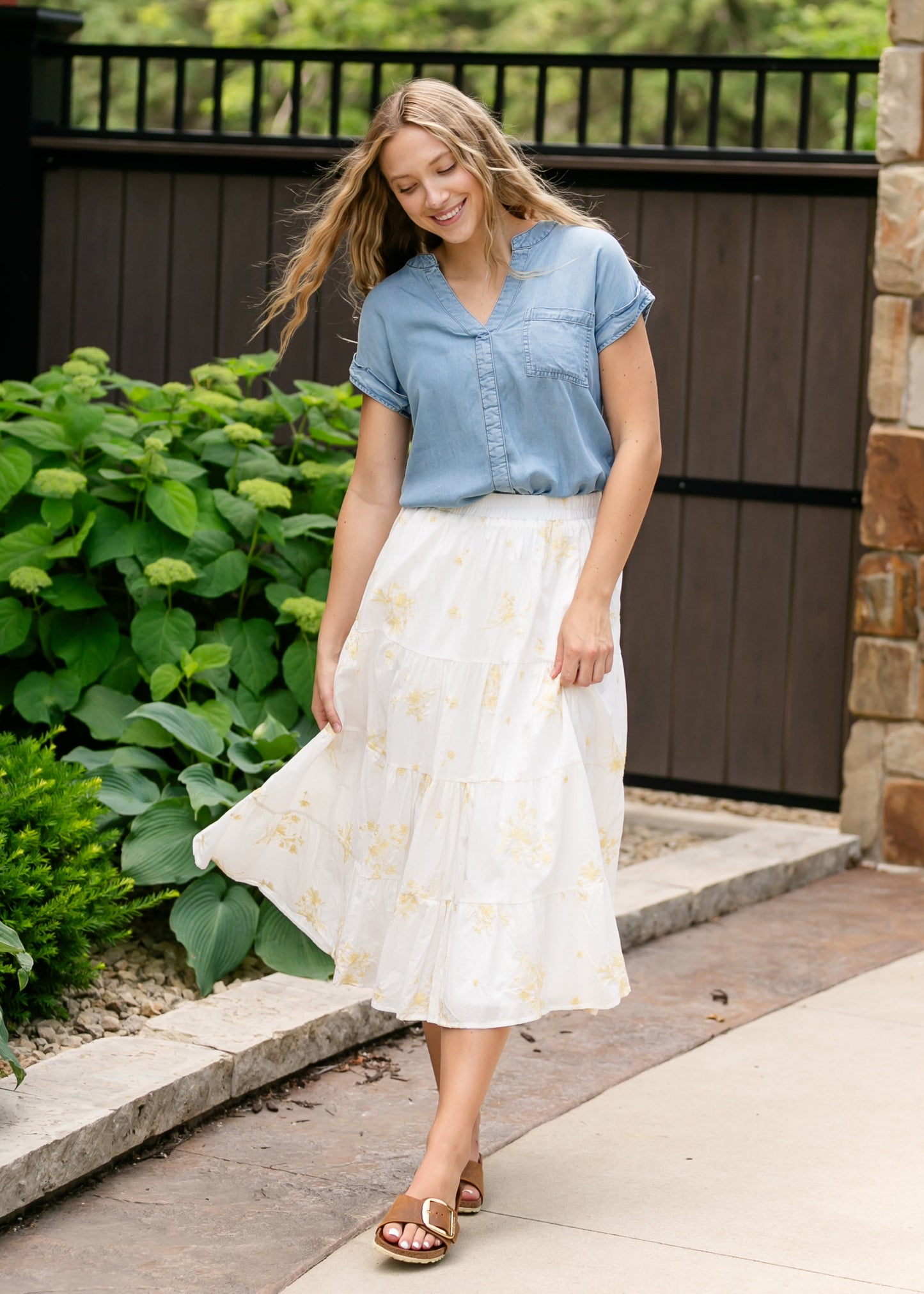 Back Button Chambray Top FF Tops