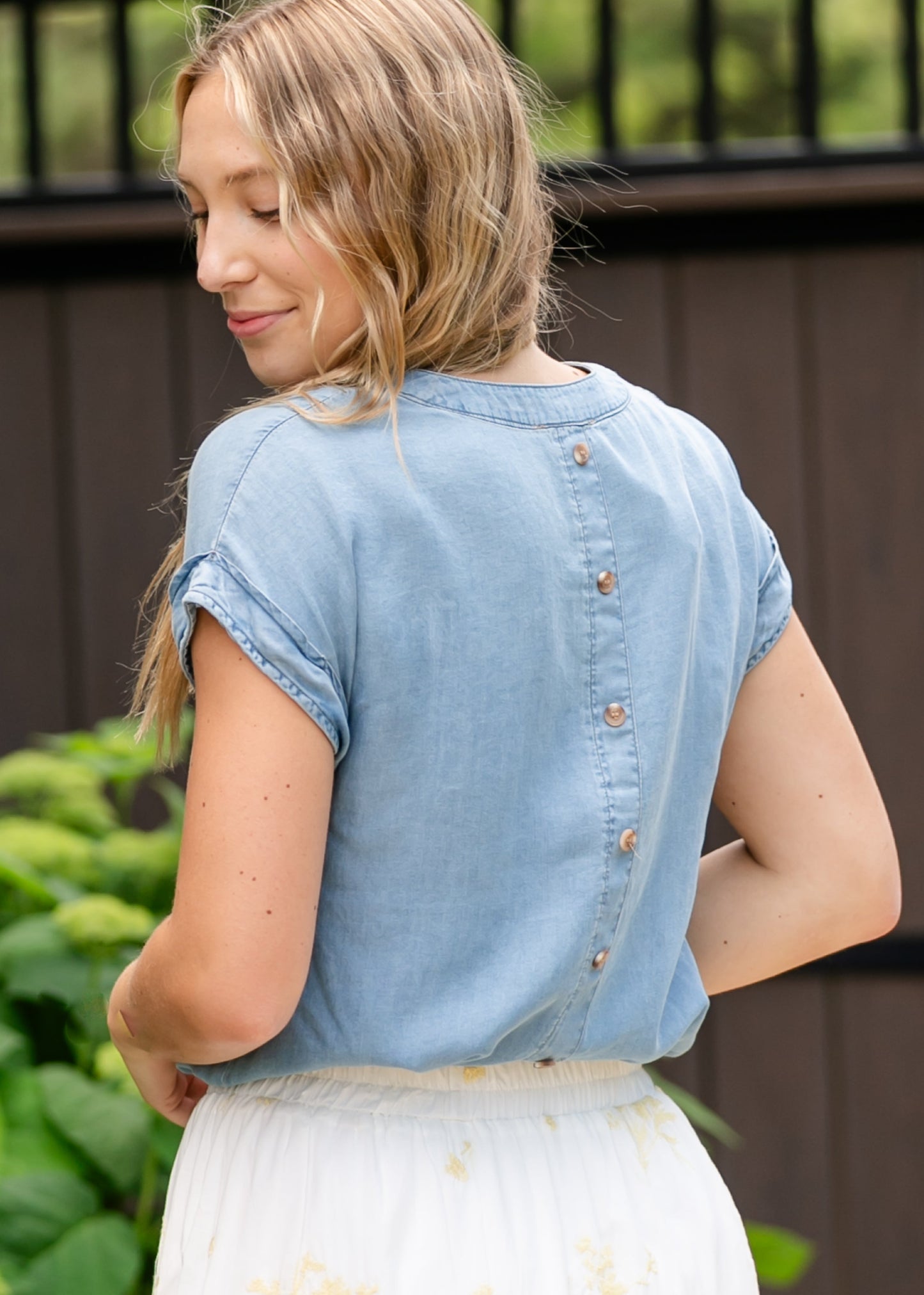 Back Button Chambray Top FF Tops
