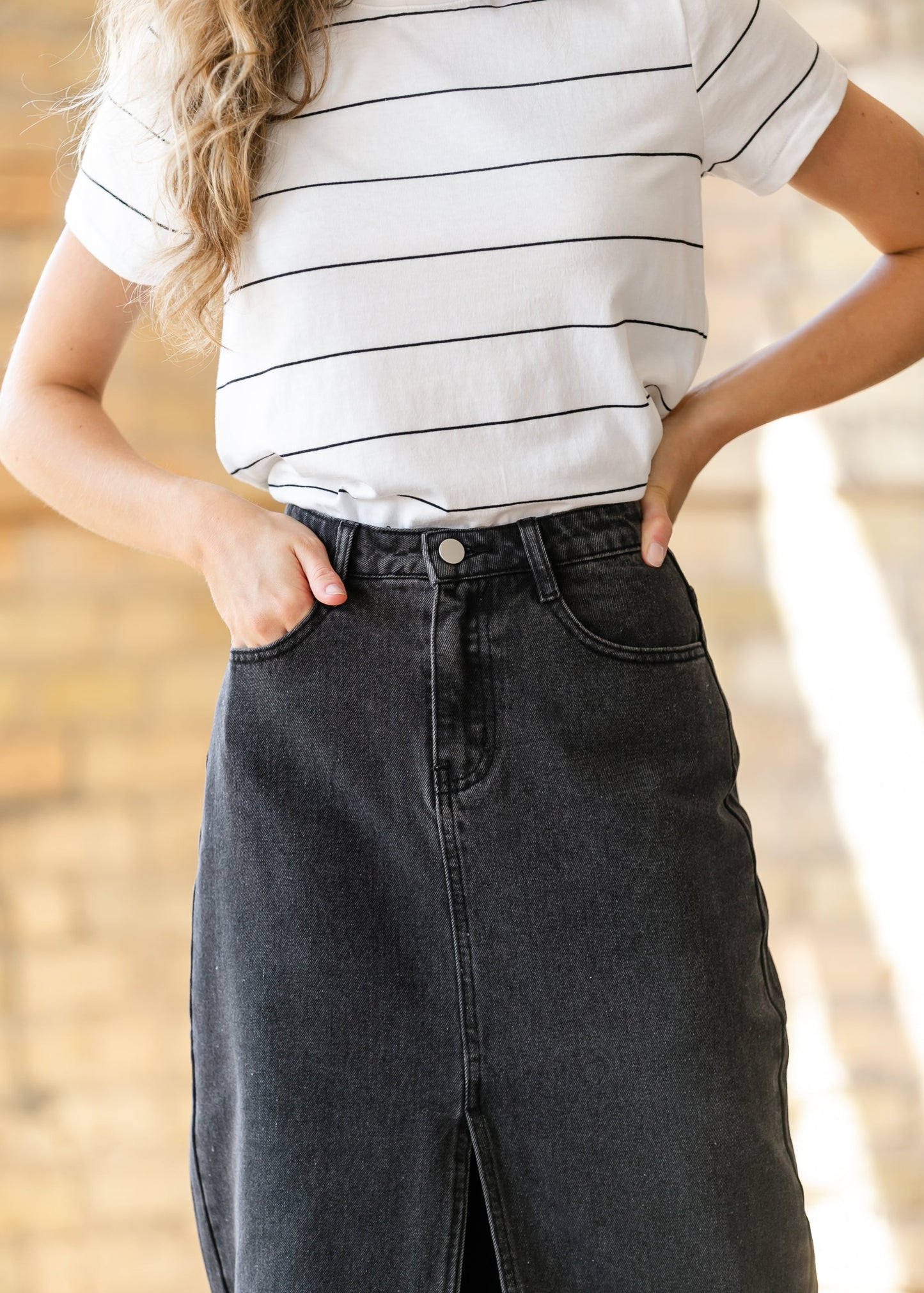 Black Denim Midi Pencil Skirt FF Skirts