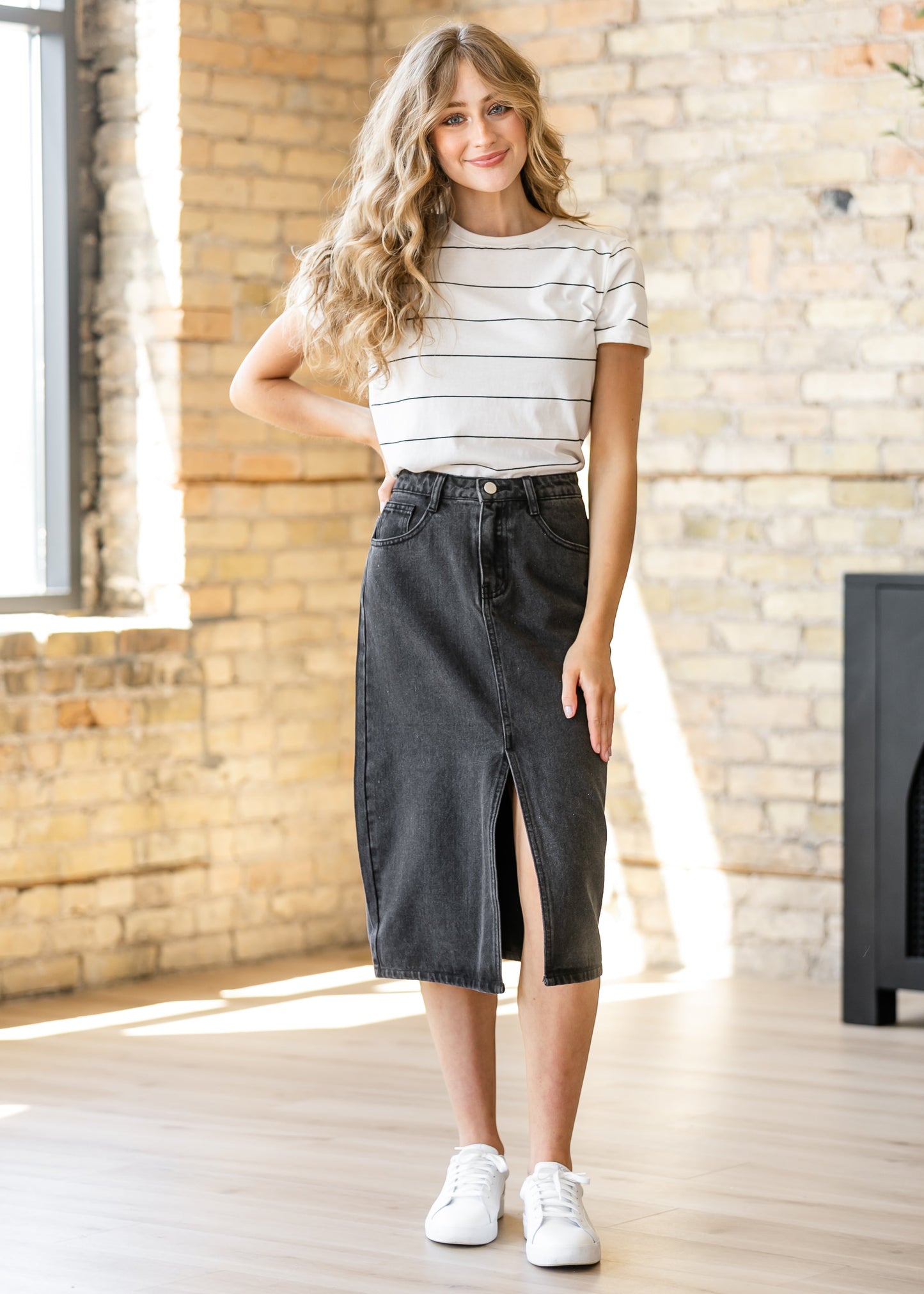 Black Denim Midi Pencil Skirt FF Skirts