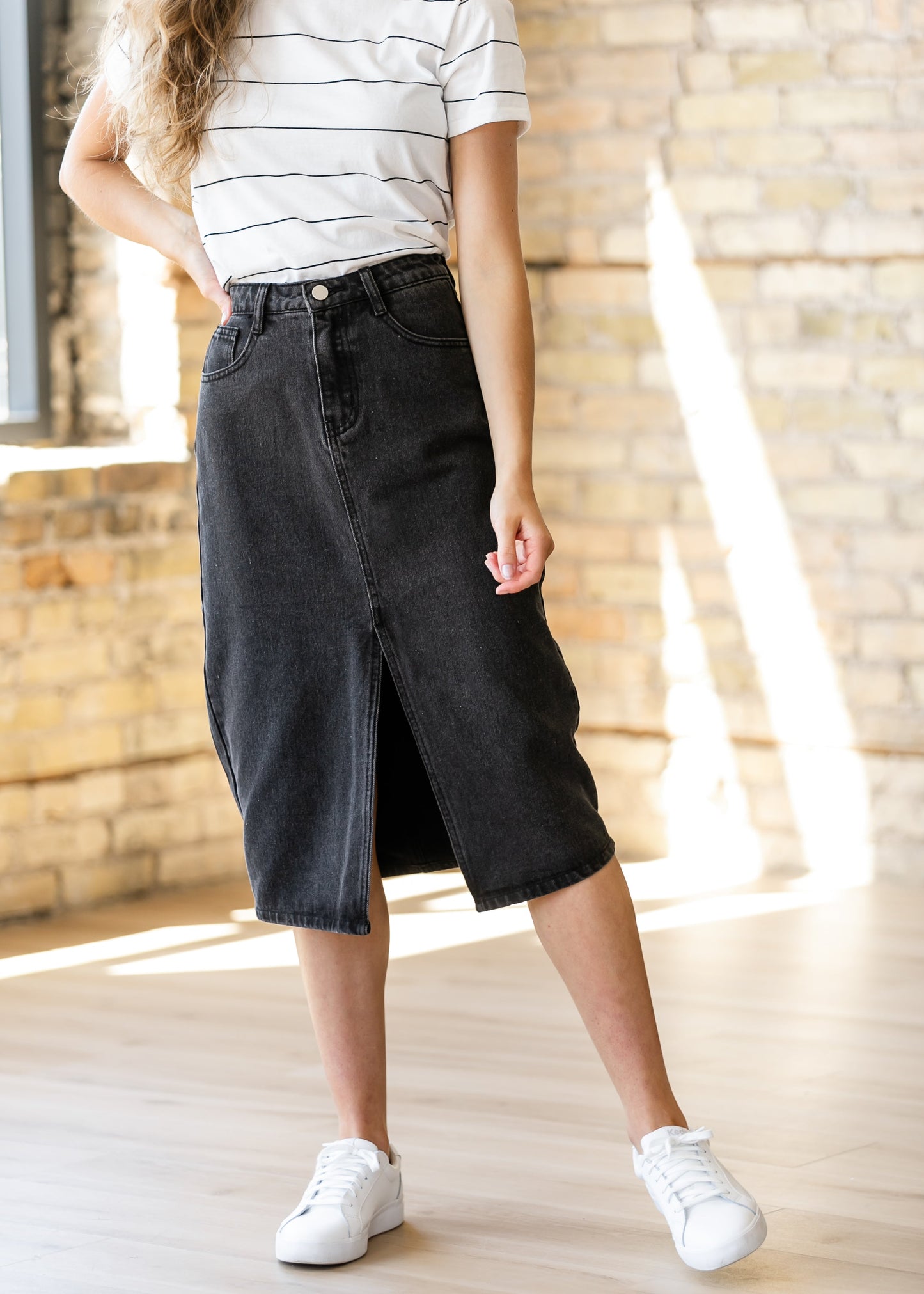 Black Denim Midi Pencil Skirt FF Skirts