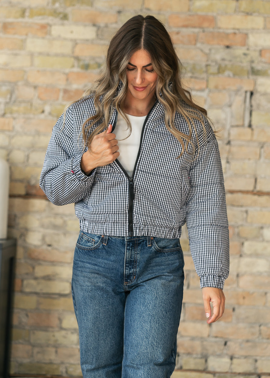 Black Gingham Zip-Up Puffer Jacket FF Tops
