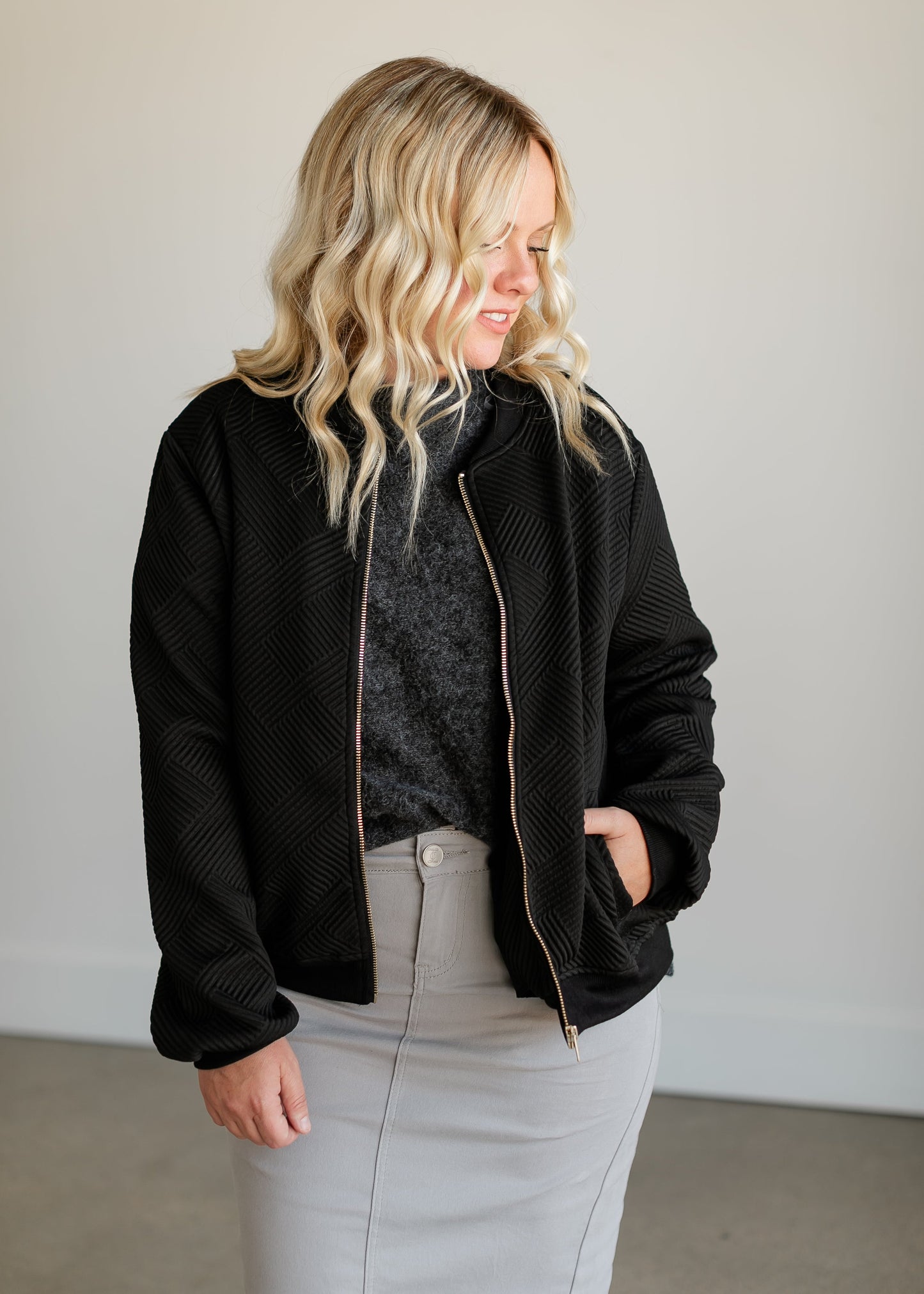 Black Knit Zip-up Bomber Jacket FF Tops