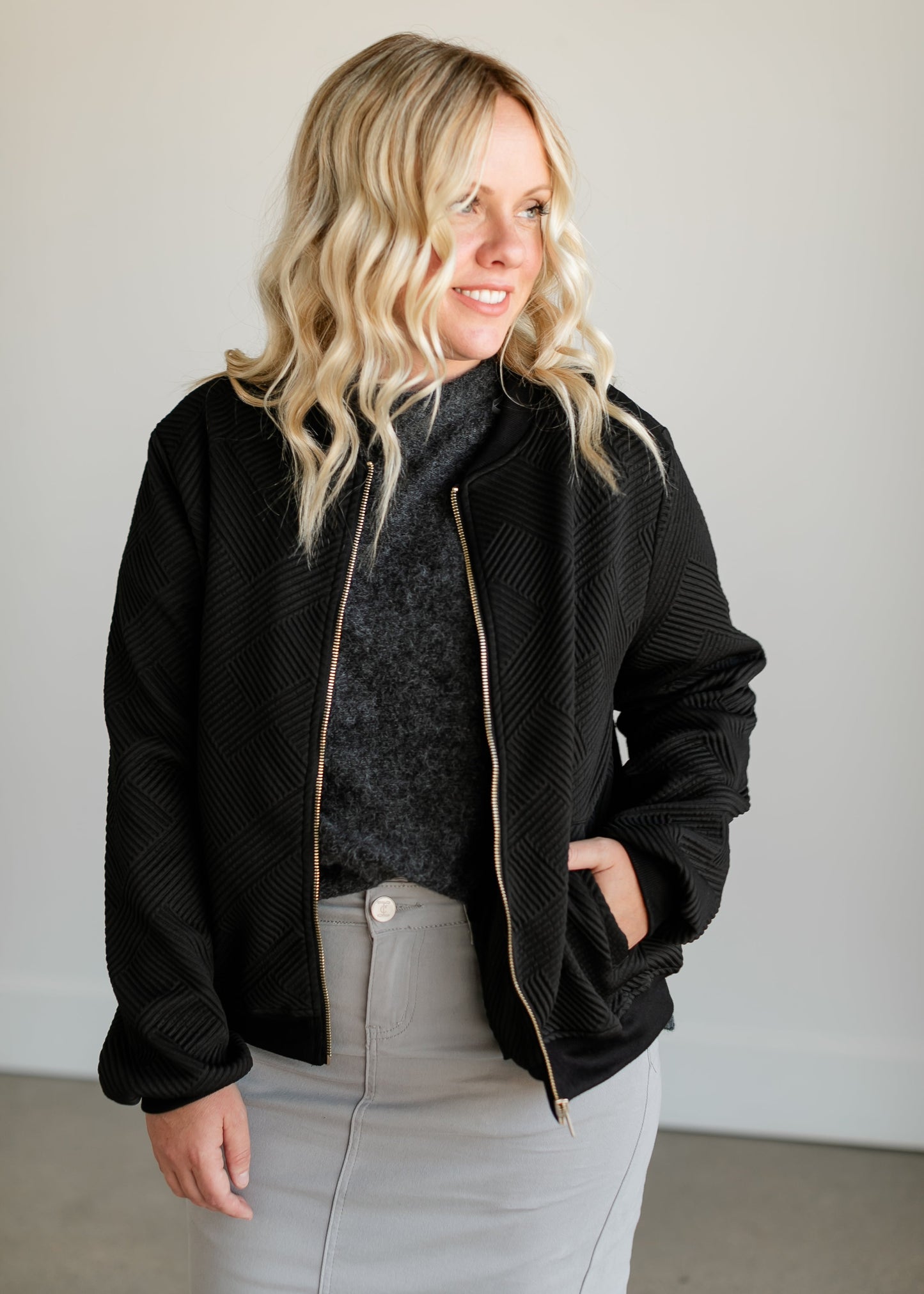 Black Knit Zip-up Bomber Jacket FF Tops