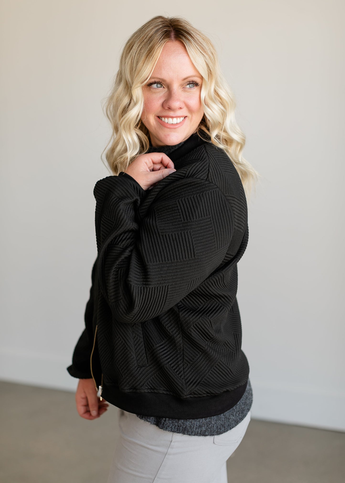 Black Knit Zip-up Bomber Jacket FF Tops