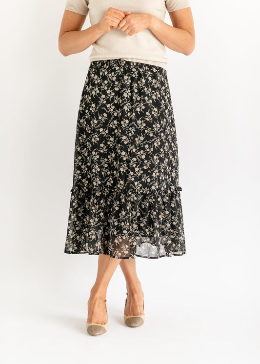 Black + Tan Floral Printed Midi Skirt FF Skirts