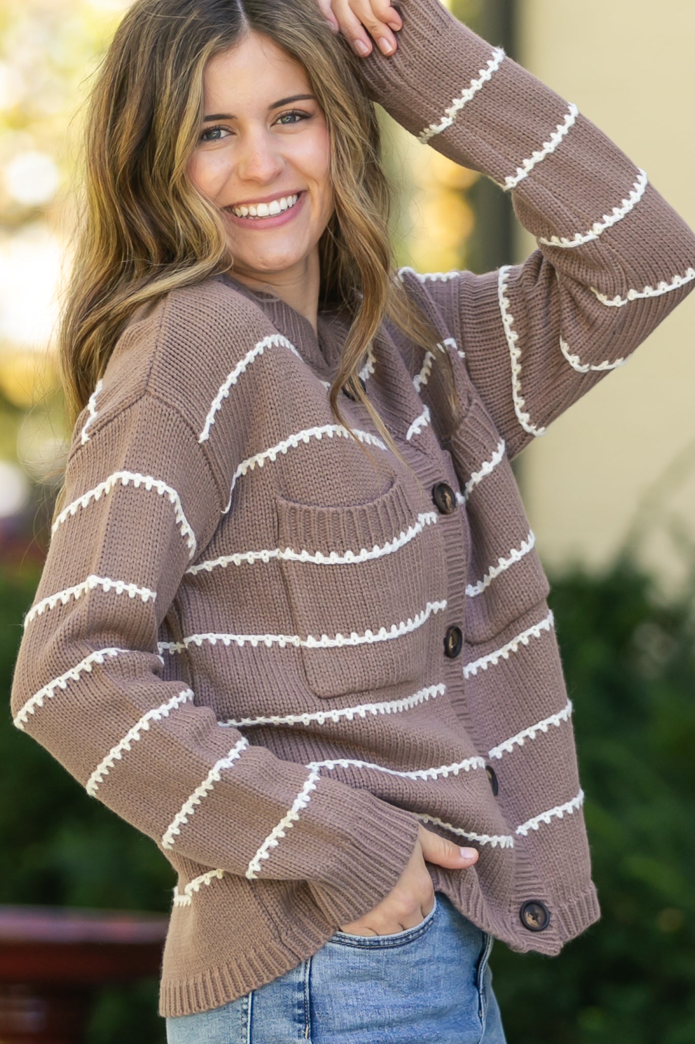Blanket Stitched Striped Button Down Sweater FF Layering Essentials