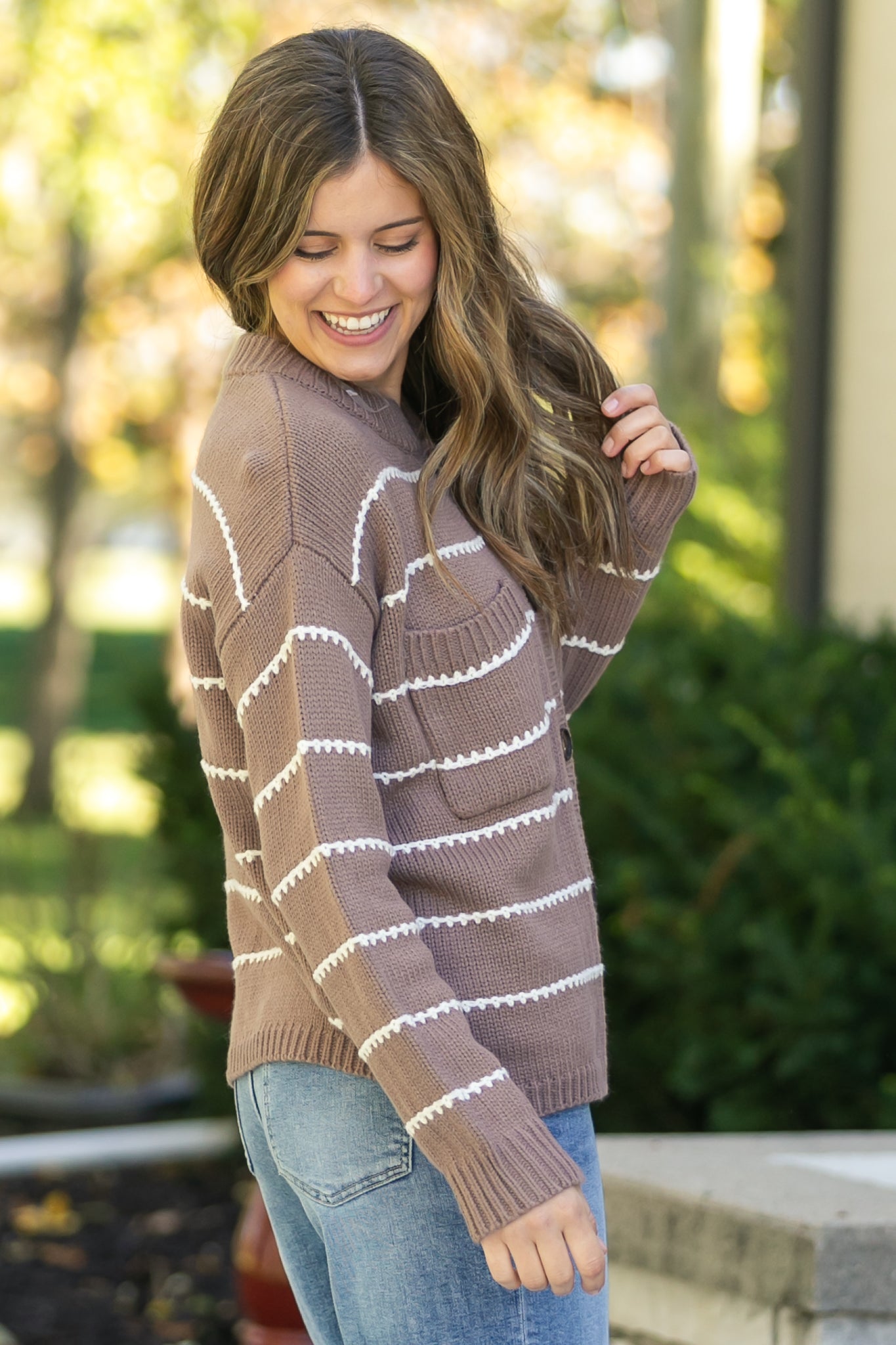 Blanket Stitched Striped Button Down Sweater FF Layering Essentials
