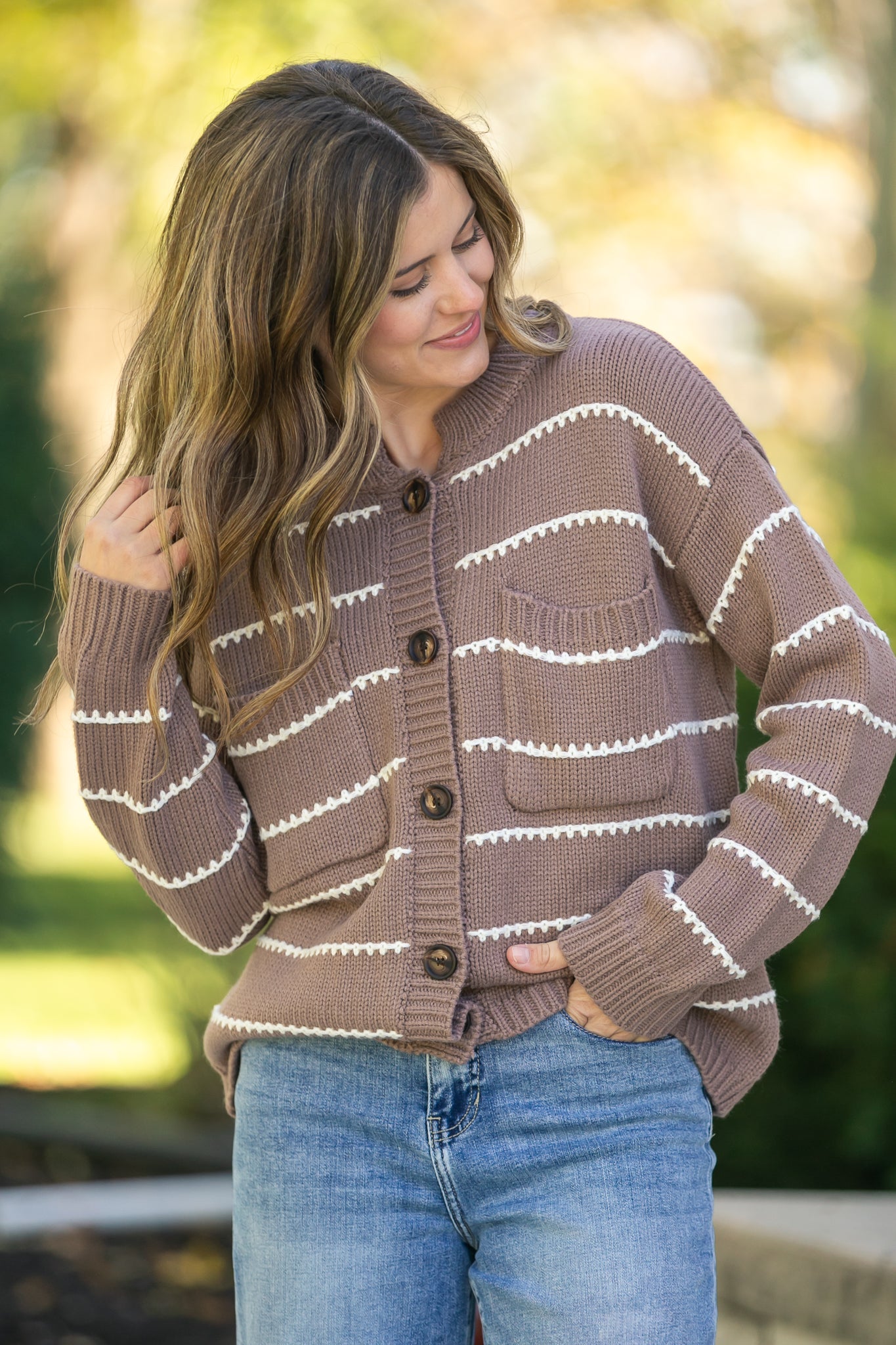 Blanket Stitched Striped Button Down Sweater FF Layering Essentials