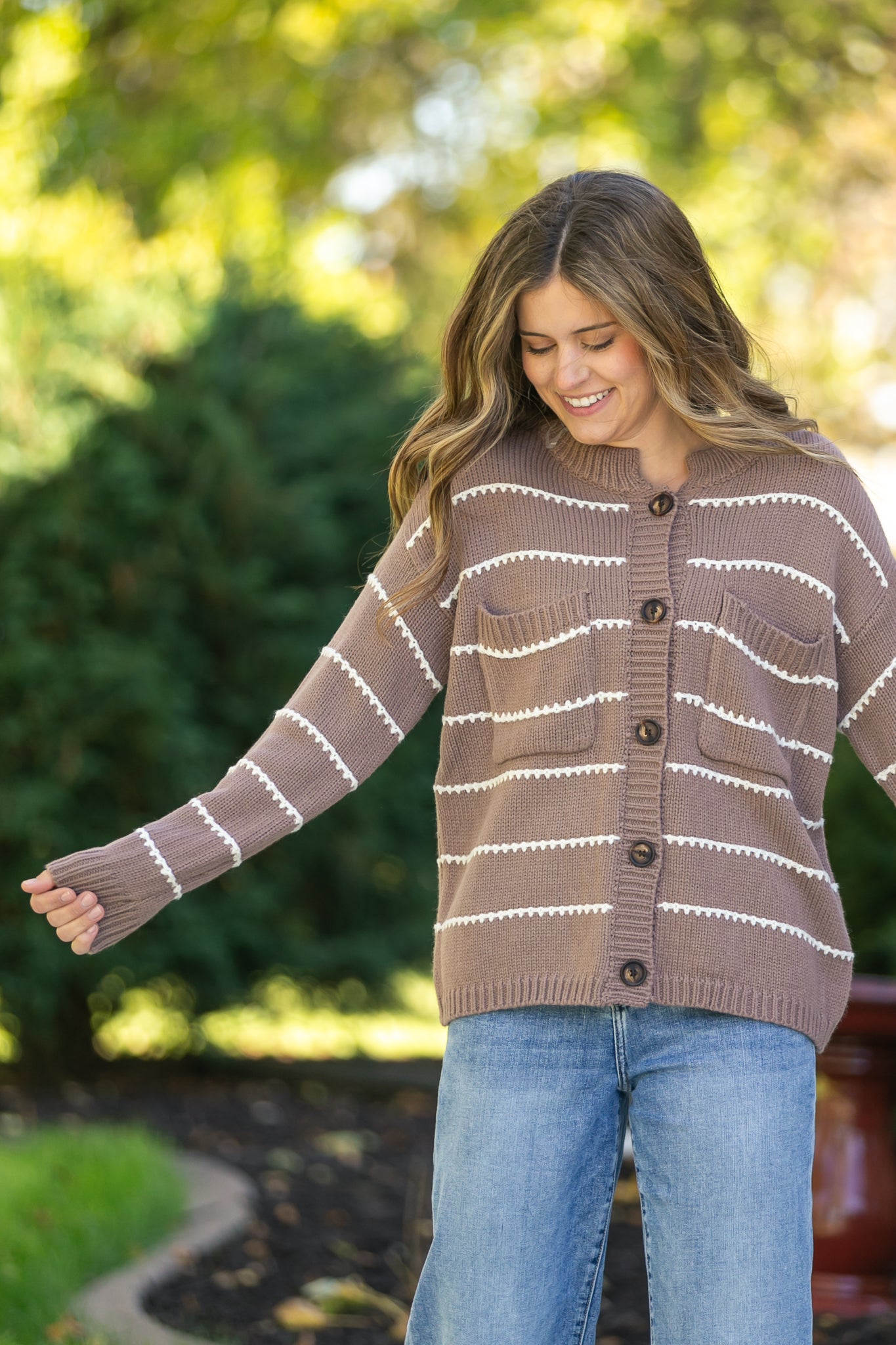 Blanket Stitched Striped Button Down Sweater FF Layering Essentials