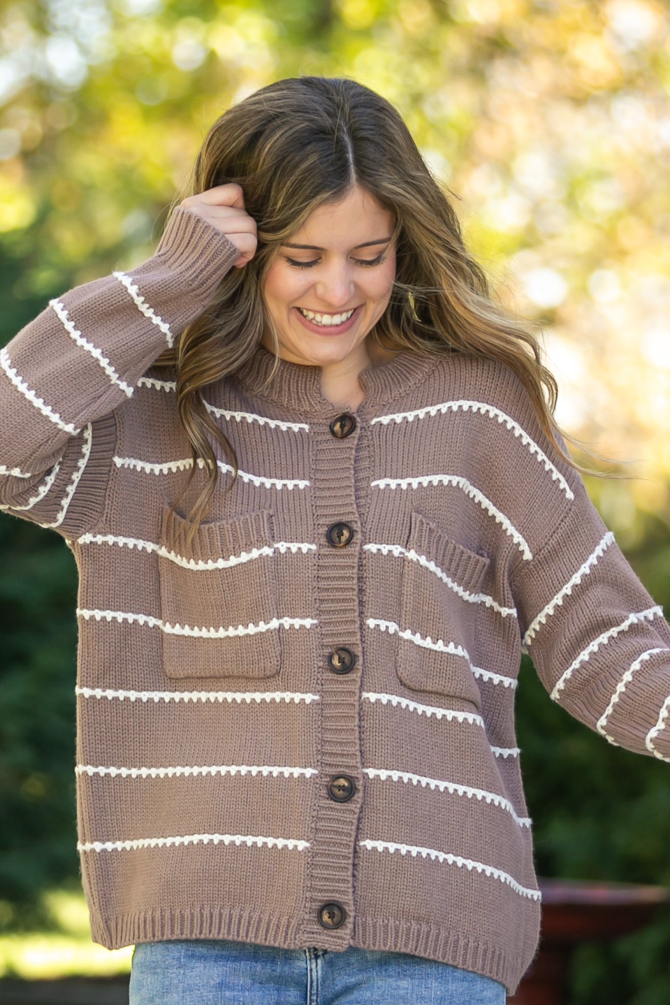 Blanket Stitched Striped Button Down Sweater FF Layering Essentials