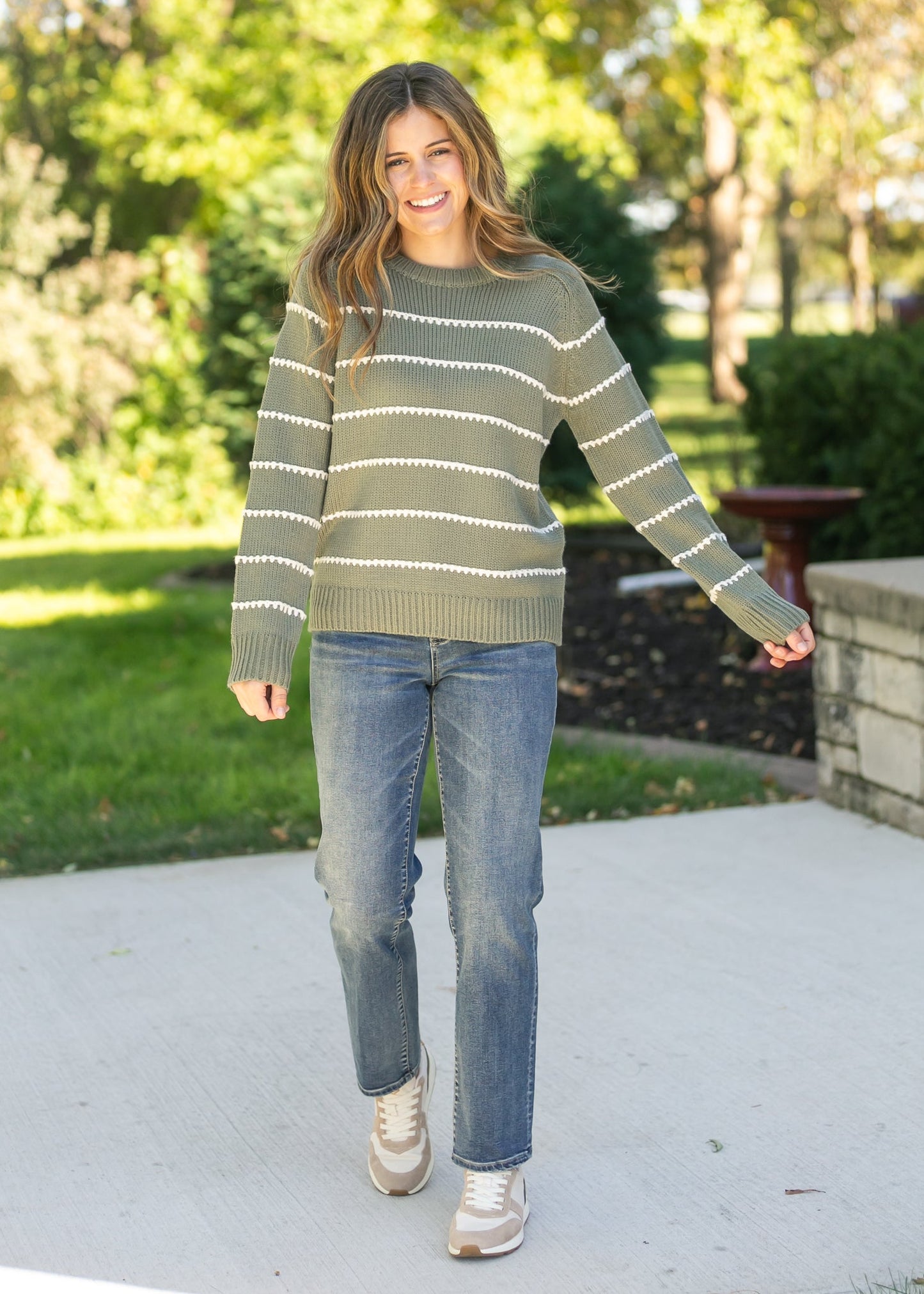 Blanket Stitched Striped Knit Pullover Sweater FF Tops