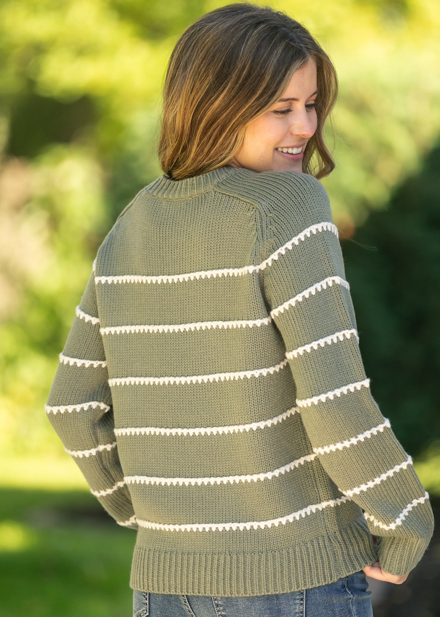 Blanket Stitched Striped Knit Pullover Sweater FF Tops