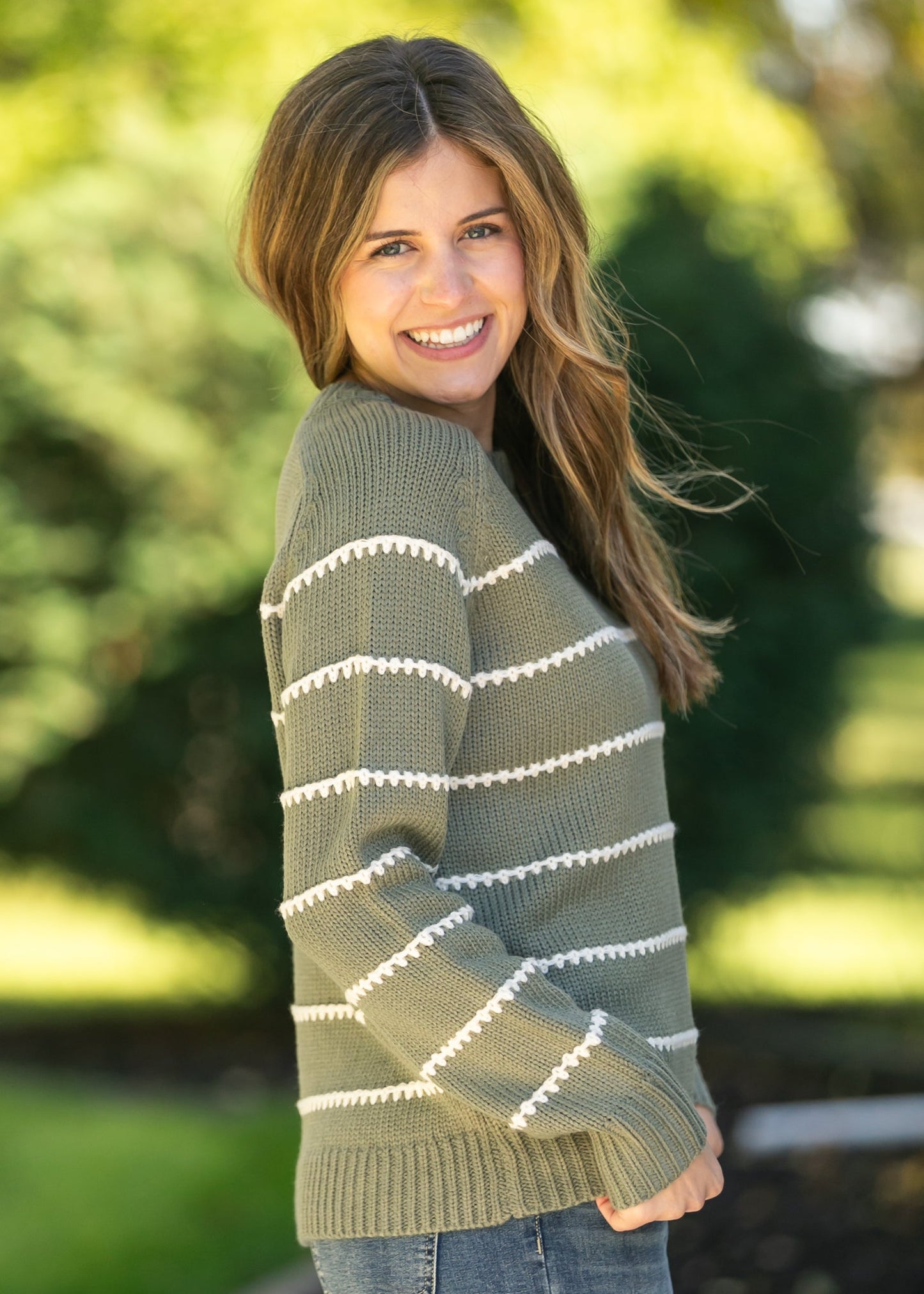Blanket Stitched Striped Knit Pullover Sweater FF Tops