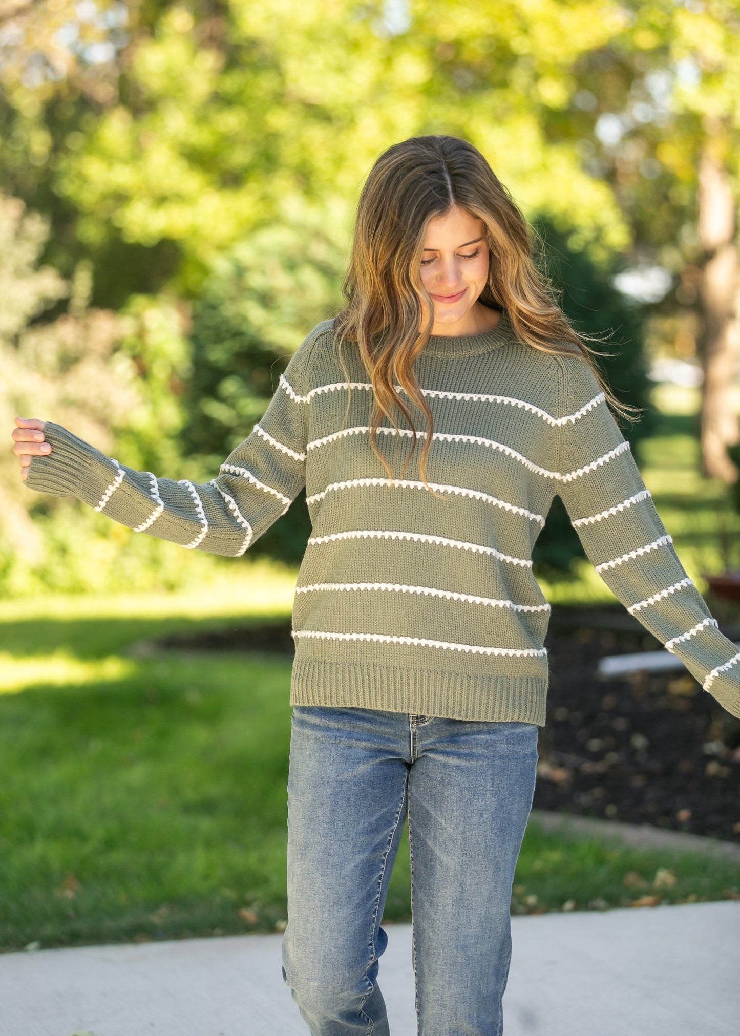 Blanket Stitched Striped Knit Pullover Sweater FF Tops