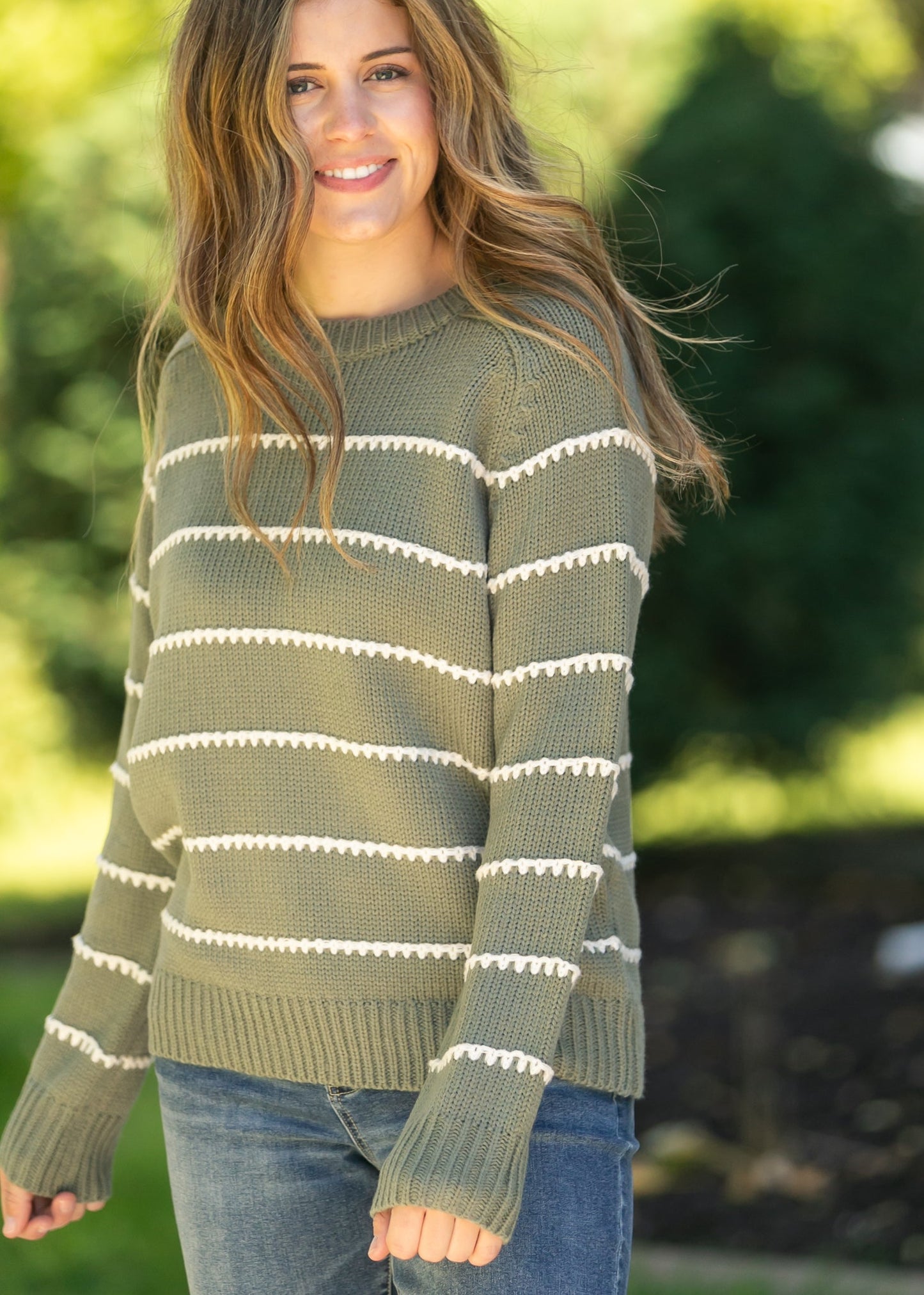 Blanket Stitched Striped Knit Pullover Sweater FF Tops