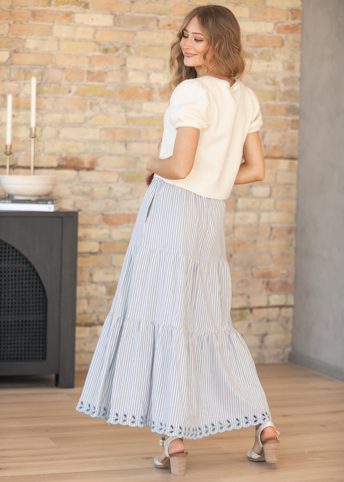 Blue Embroidered Detail Midi Skirt FF Skirts