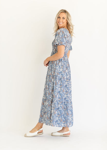 Blue Floral Smocked Maxi Dress FF Dresses