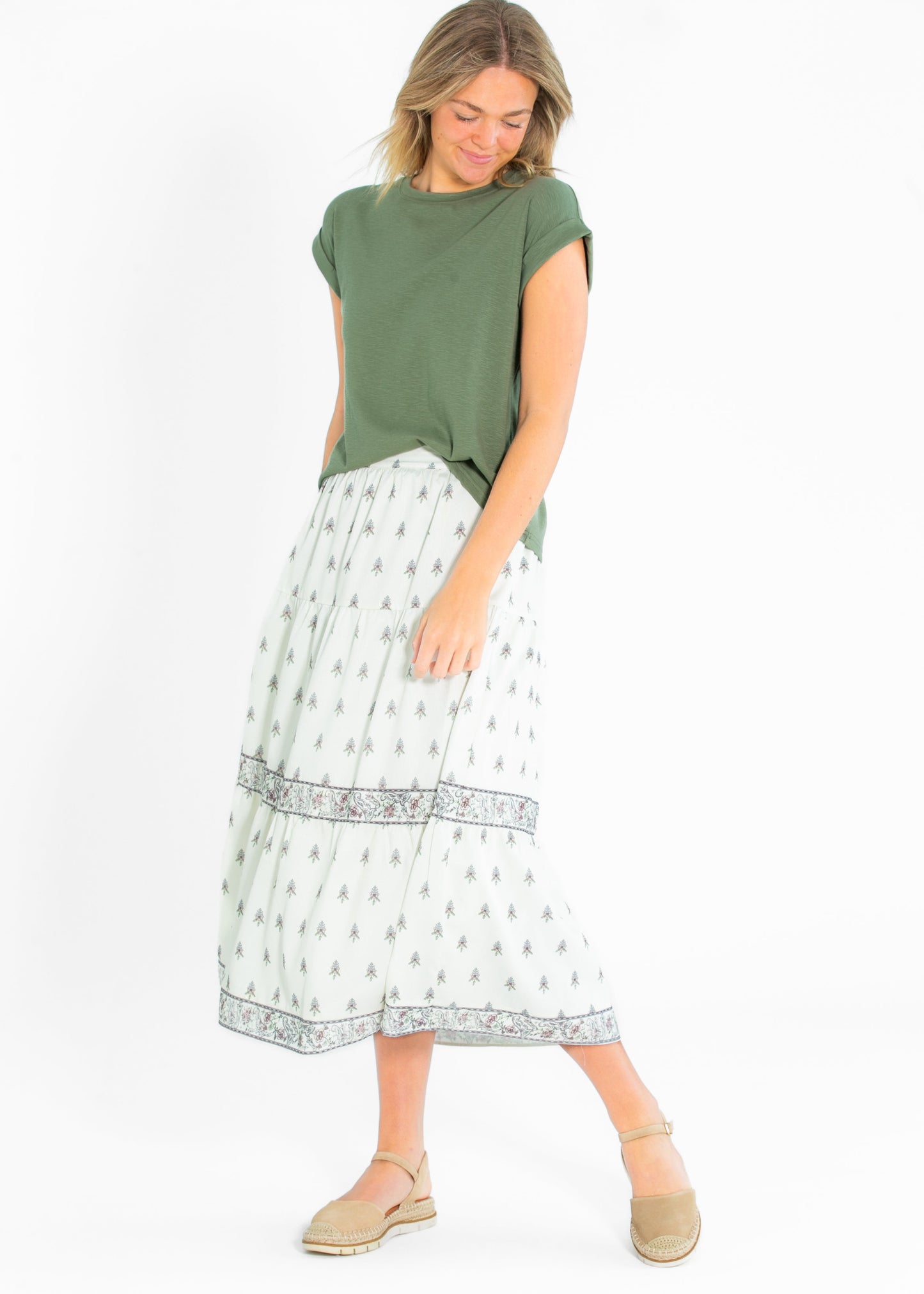 Border Print Tiered Maxi Skirt FF Skirts