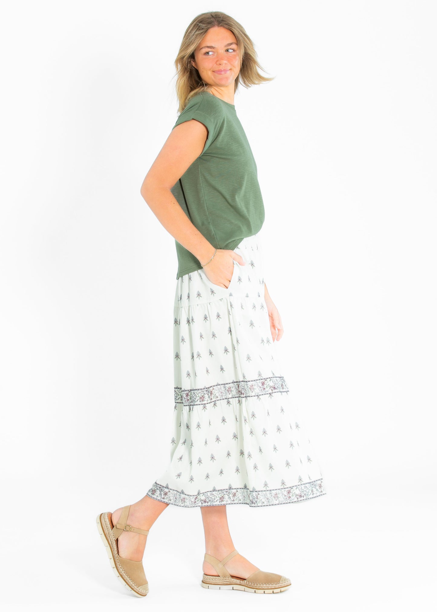 Border Print Tiered Maxi Skirt FF Skirts