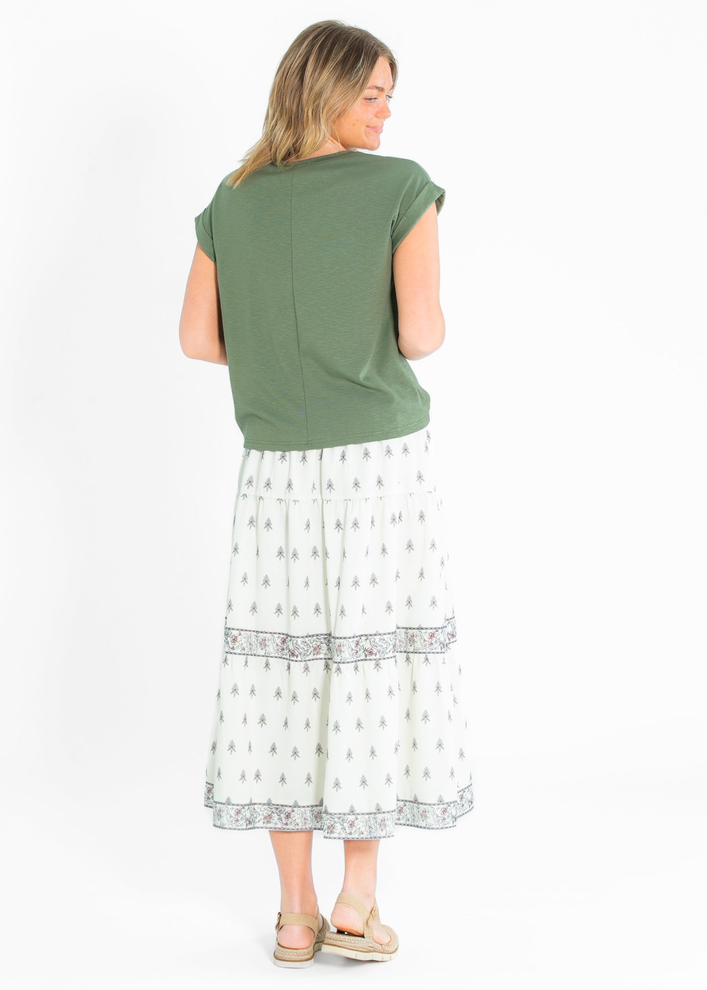 Border Print Tiered Maxi Skirt FF Skirts